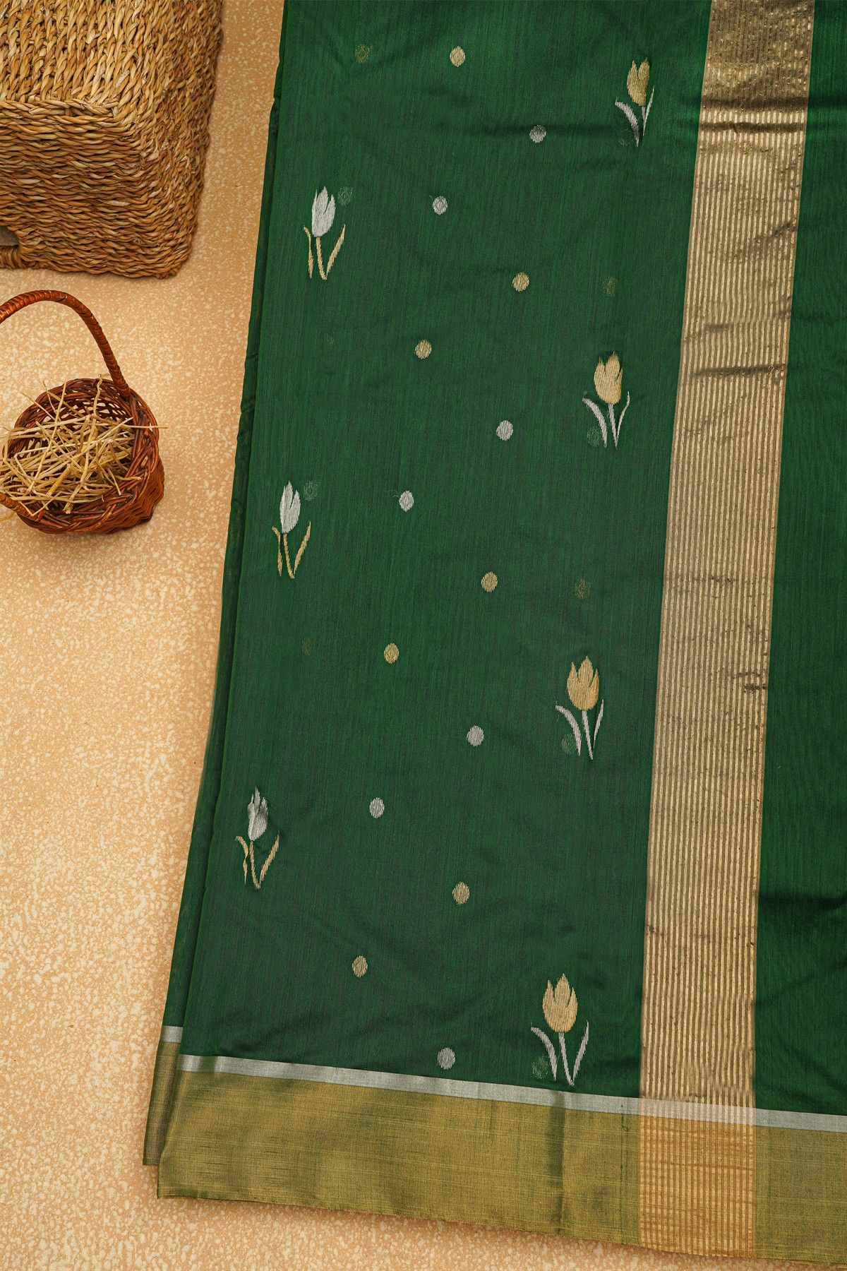 Chanderi Sico Bottle Green Saree