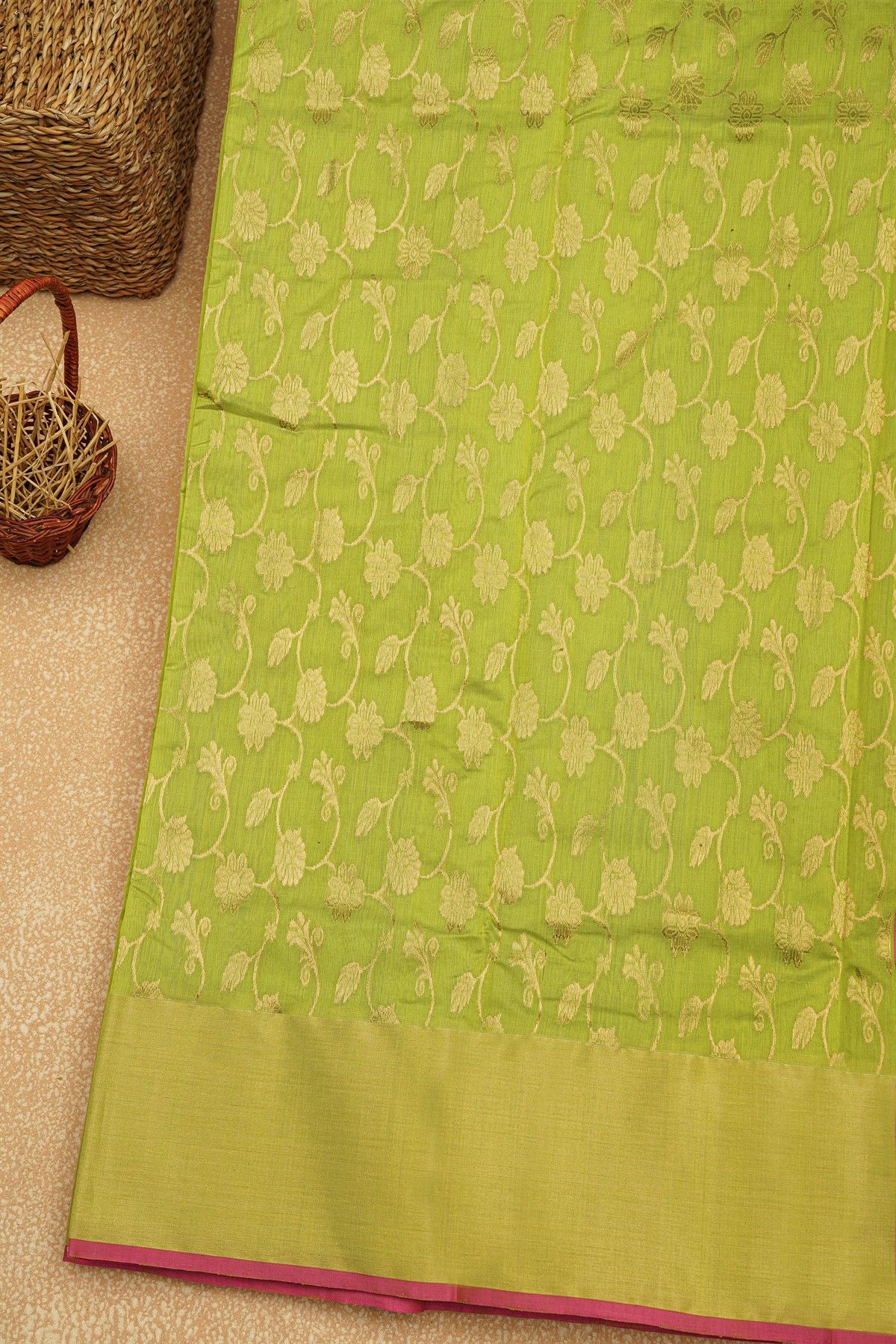 Chanderi Sico Parrot Green Saree