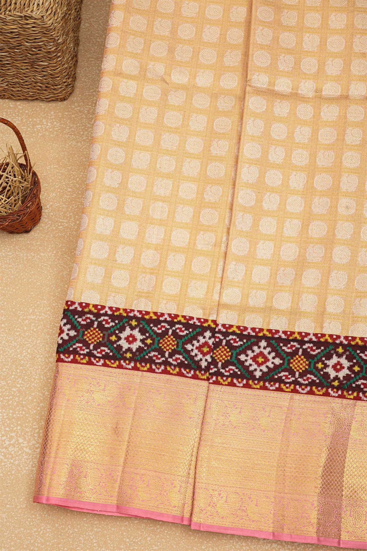 Fusion Silk Gold Peach Ikat Patola Zari Border Saree