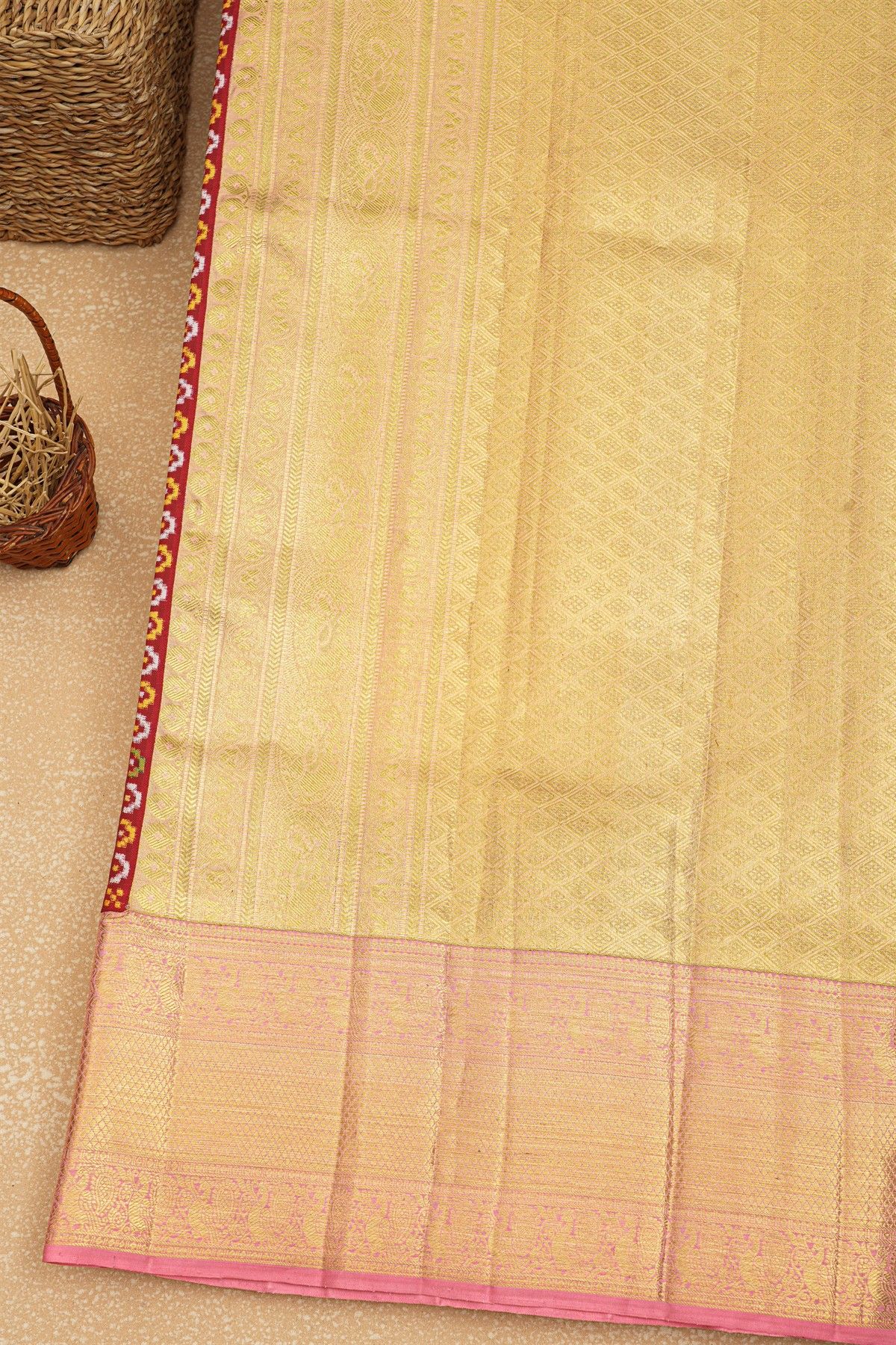 Fusion Silk Gold Peach Ikat Patola Zari Border Saree