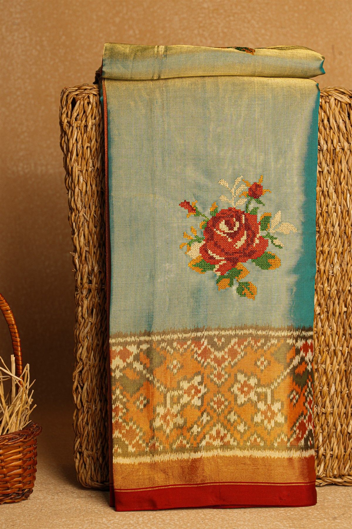 Fusion Silk Ice Blue Ikat Patola Zari Border Saree