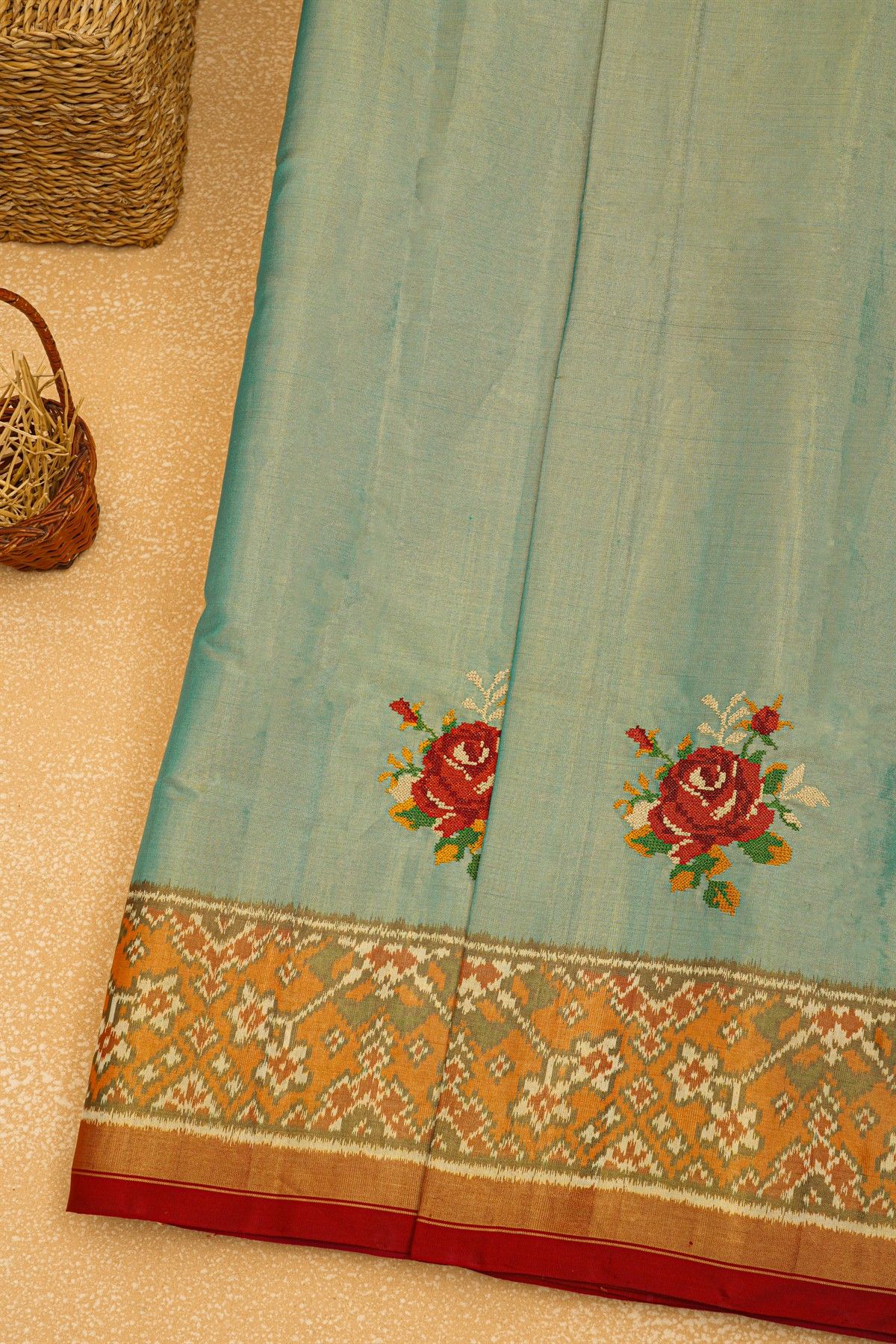 Fusion Silk Ice Blue Ikat Patola Zari Border Saree