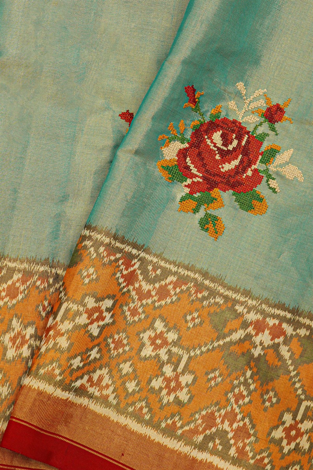 Fusion Silk Ice Blue Ikat Patola Zari Border Saree