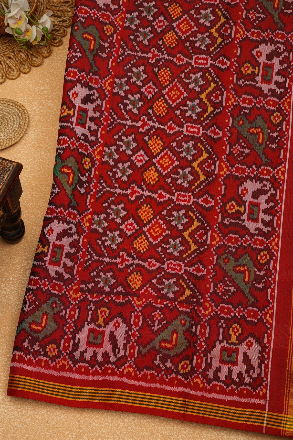 Patola Silk Multi Colour Saree And Florals With Leaves Jaal, Florals And Leaves Body And Contrast Elephants And Parrots In Box Border