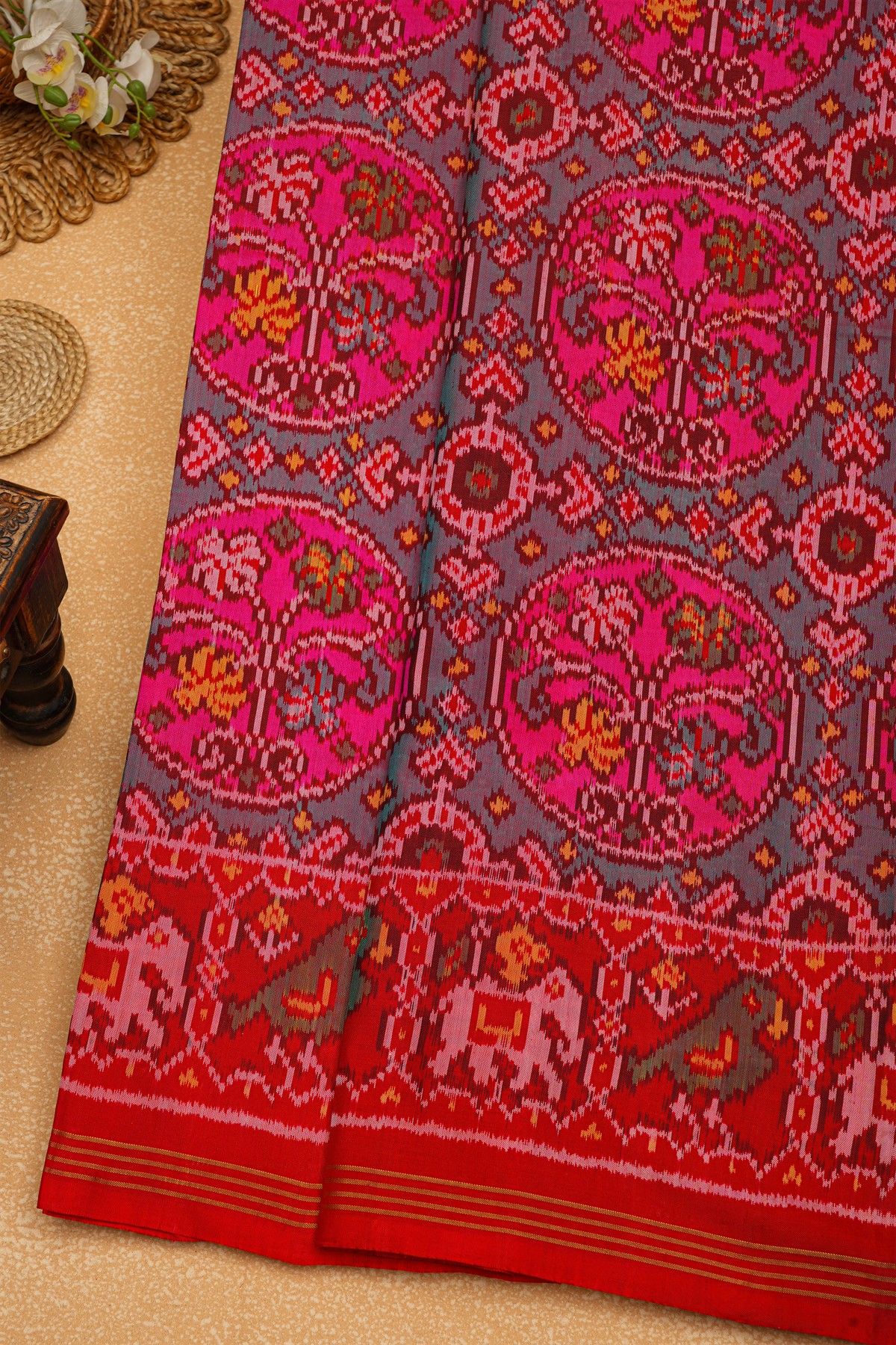 Patola Silk Red Saree With Florals And Leaves With Birds Body And Self Lines Border