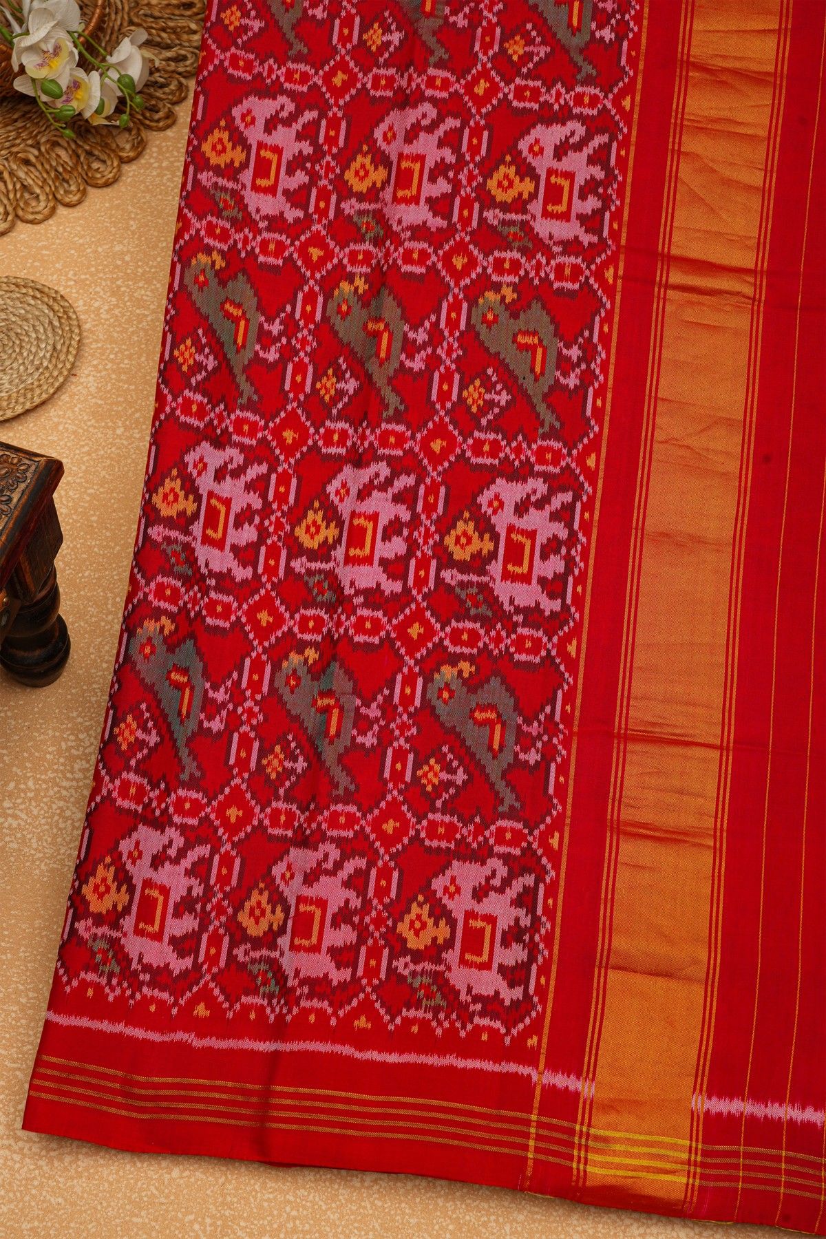 Patola Silk Red Saree With Florals And Leaves With Birds Body And Self Lines Border