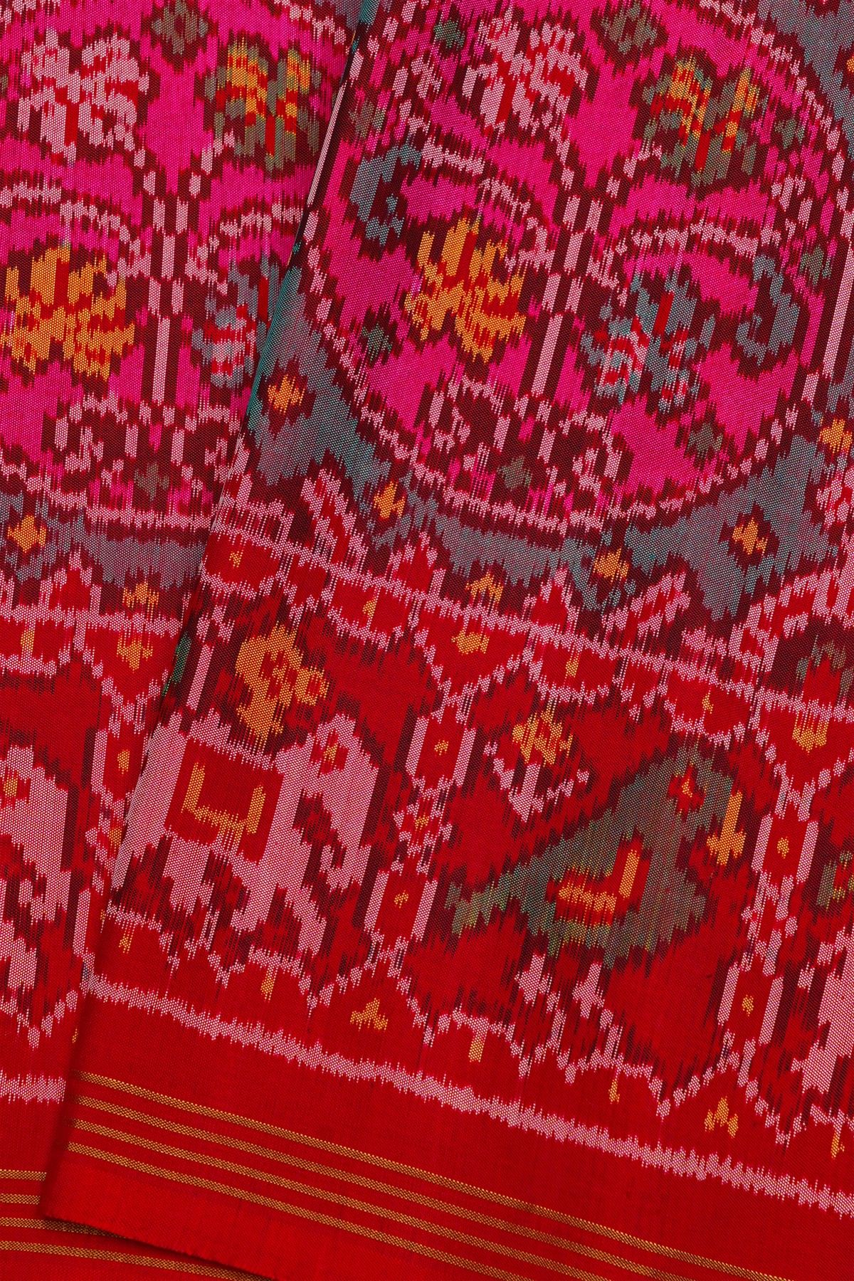 Patola Silk Red Saree With Florals And Leaves With Birds Body And Self Lines Border