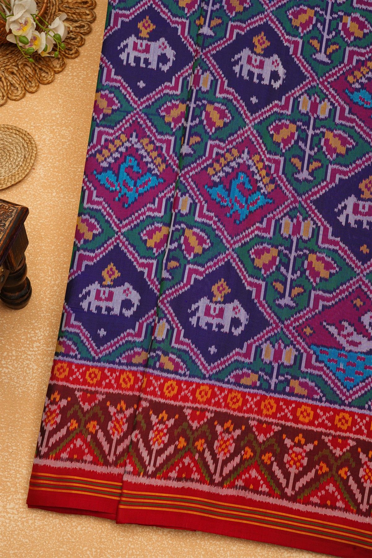 Patola Silk Dual Colour Saree With Florals, Leaves And Birds Body And Contrast Florals And Leaves Border