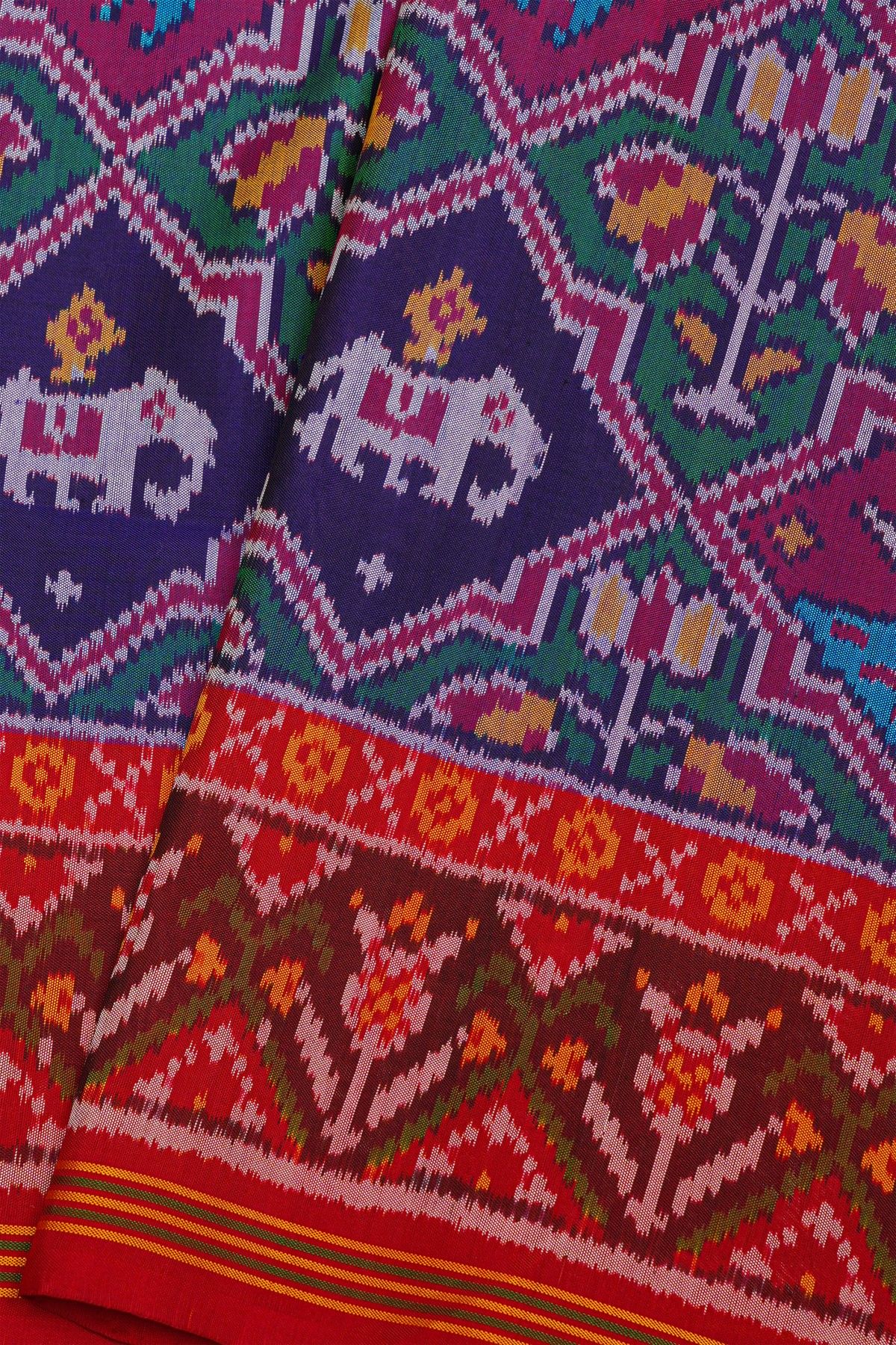 Patola Silk Dual Colour Saree With Florals, Leaves And Birds Body And Contrast Florals And Leaves Border