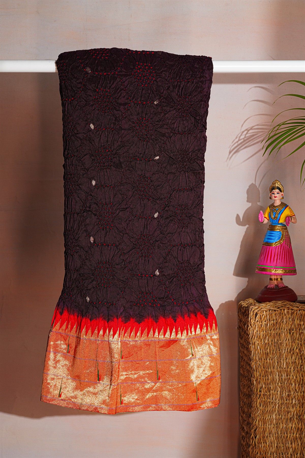 Bandhani Silk Dark Wine Saree With Paithani Border