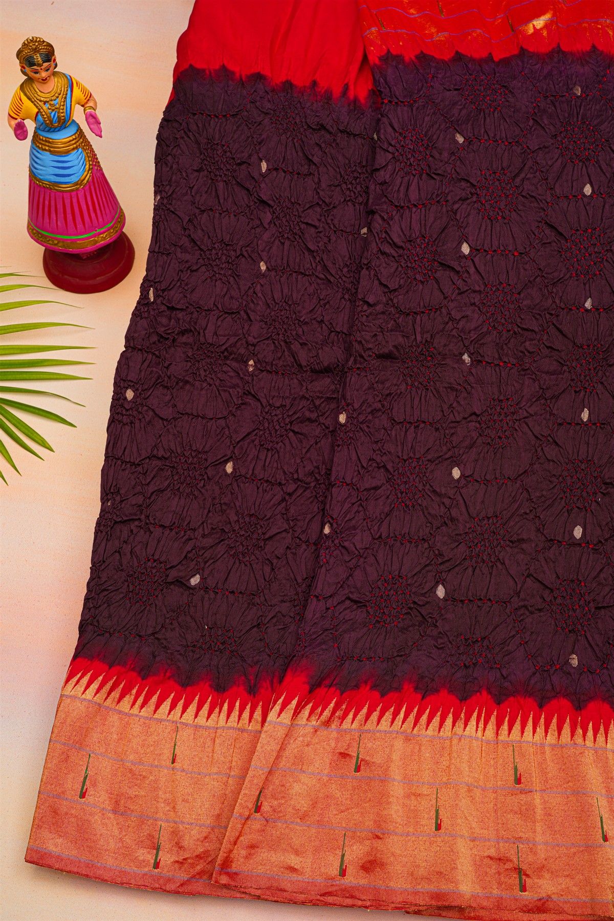 Bandhani Silk Dark Wine Saree With Paithani Border