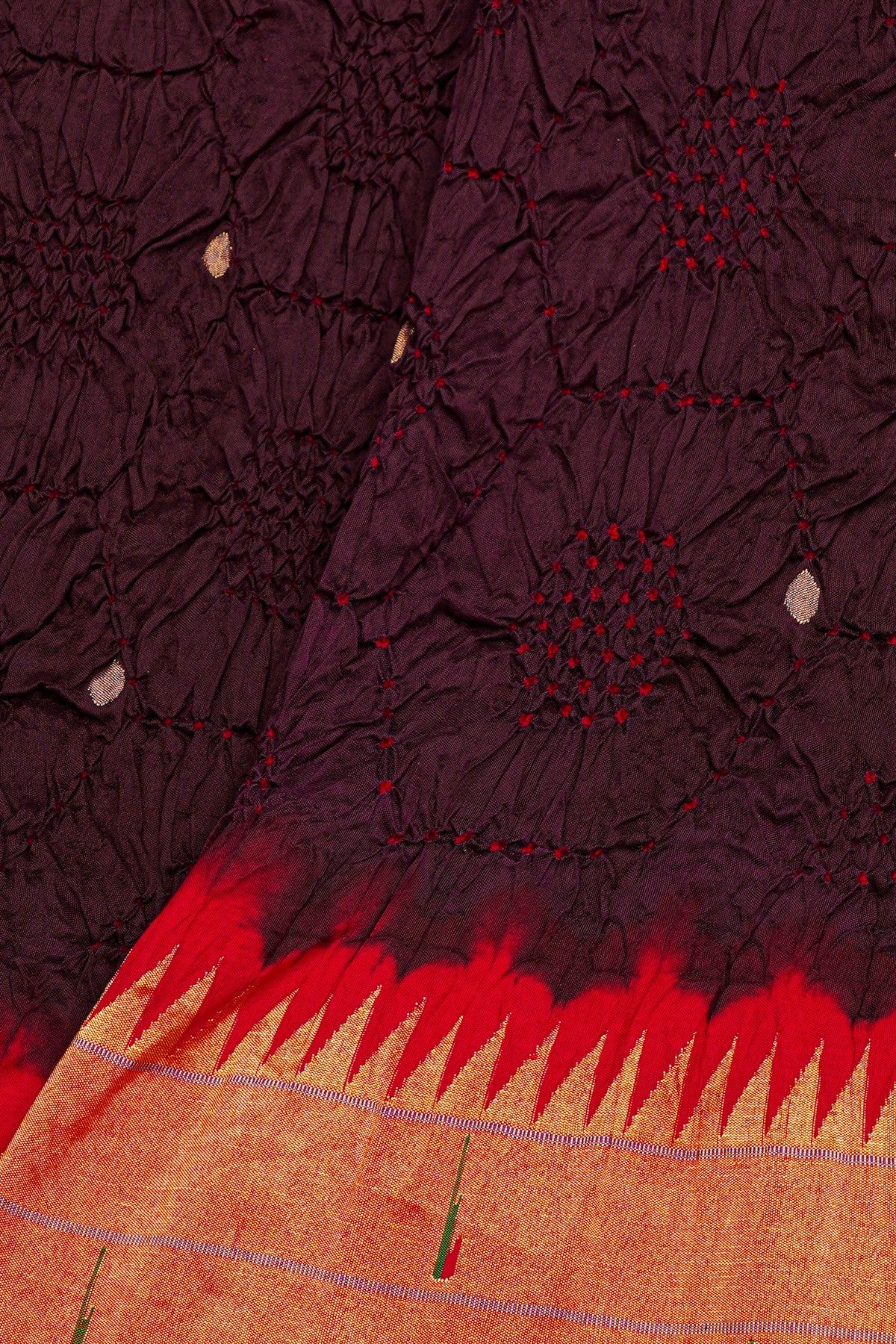 Bandhani Silk Dark Wine Saree With Paithani Border
