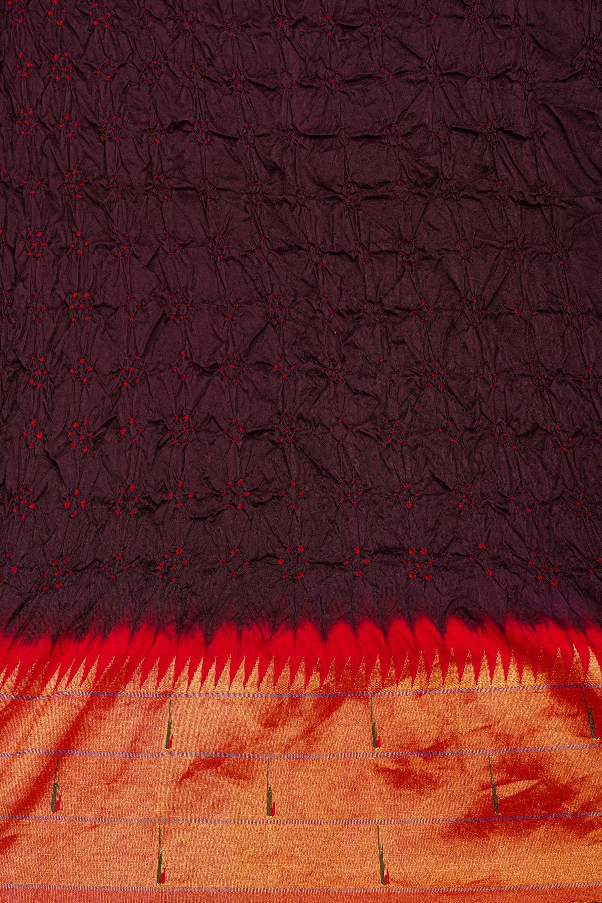 Bandhani Silk Dark Wine Saree With Paithani Border