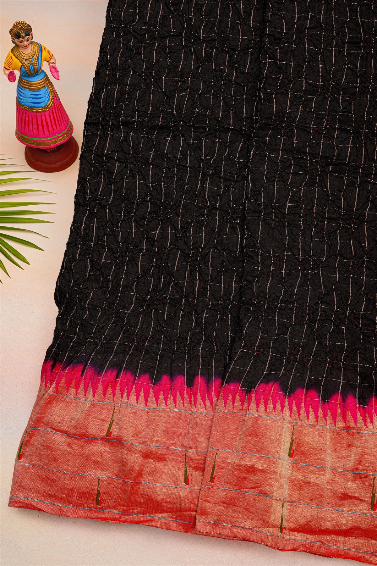 Bandhani Silk Black Saree With Paithani Border