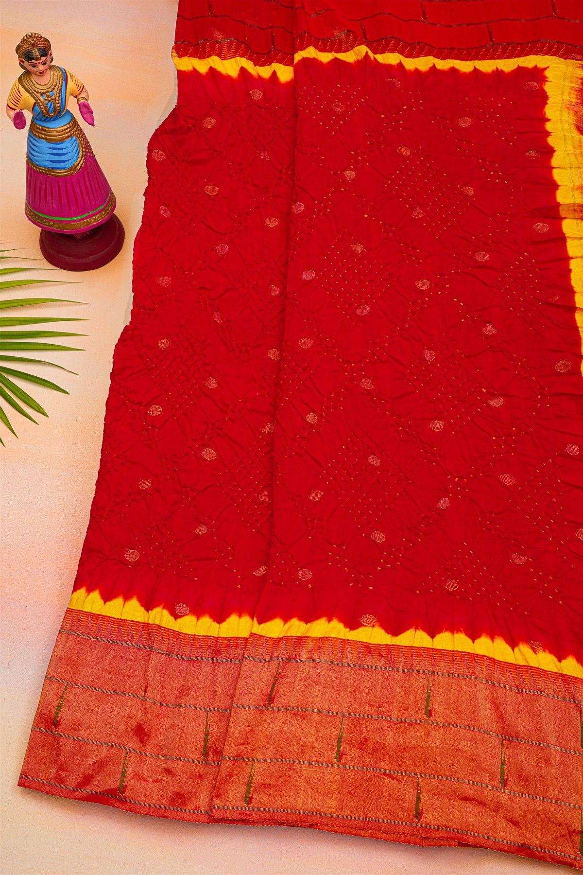 Bandhani Silk Red Saree With Paithani Pallu