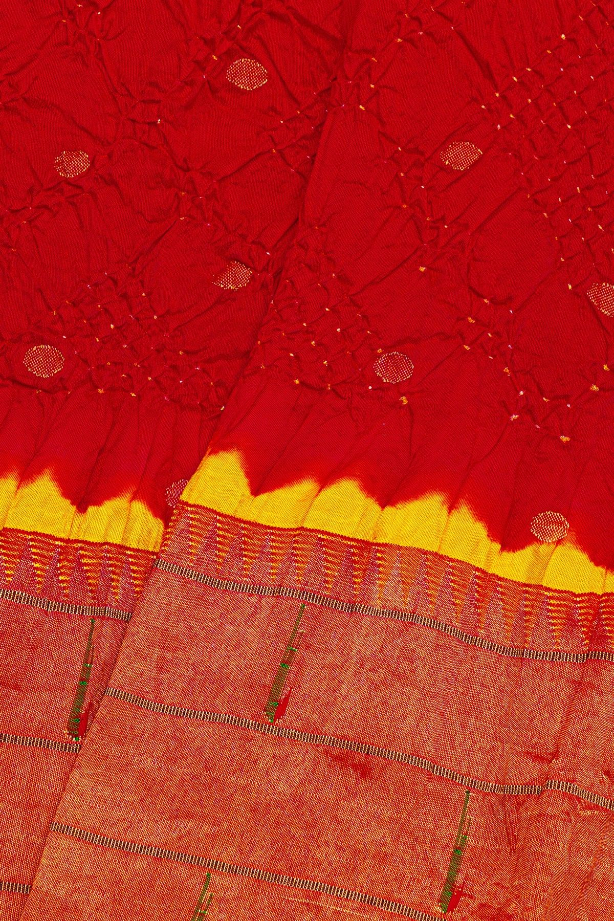 Bandhani Silk Red Saree With Paithani Pallu