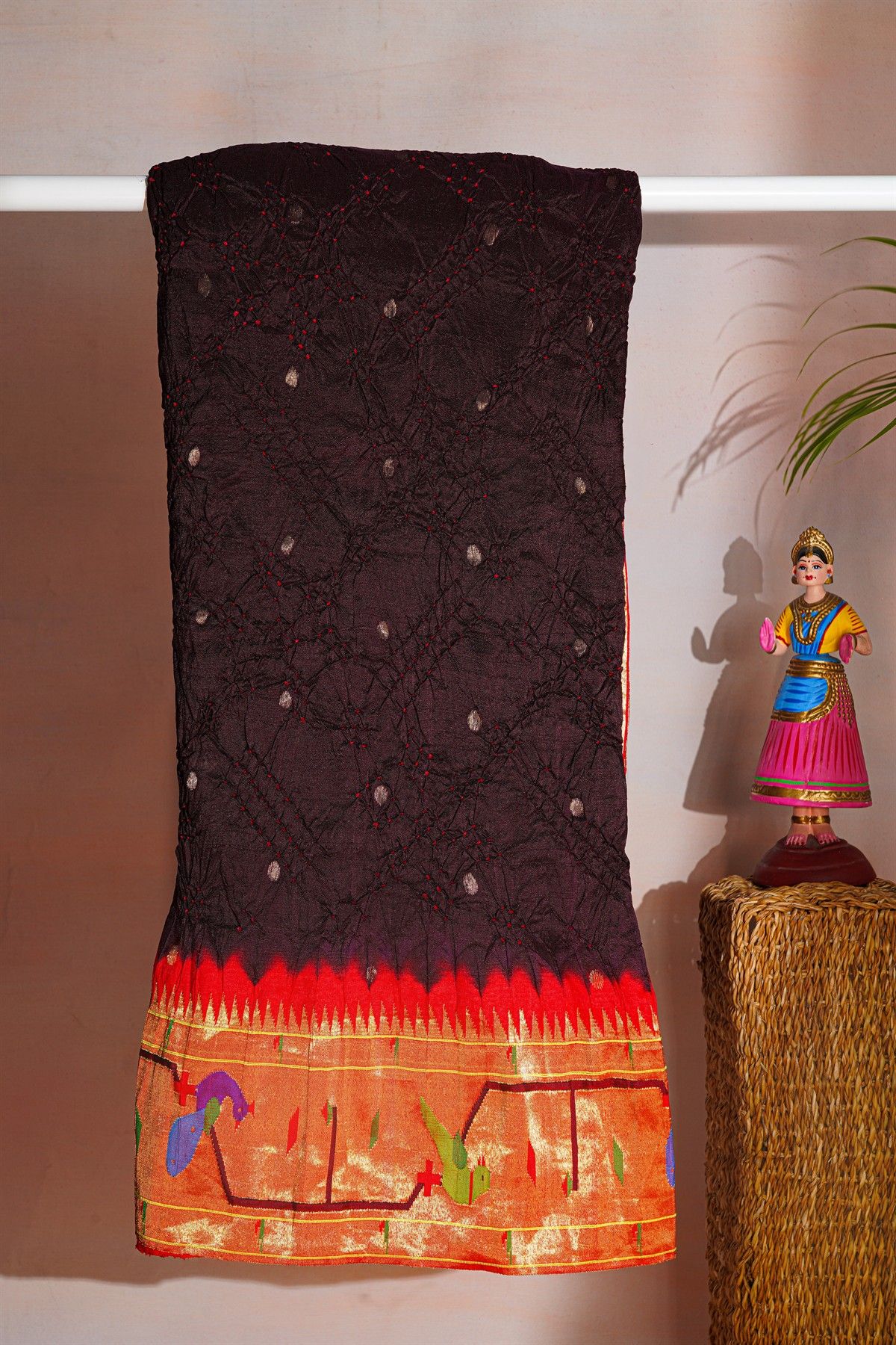 Bandhani Silk Brown Saree With Paithani Border
