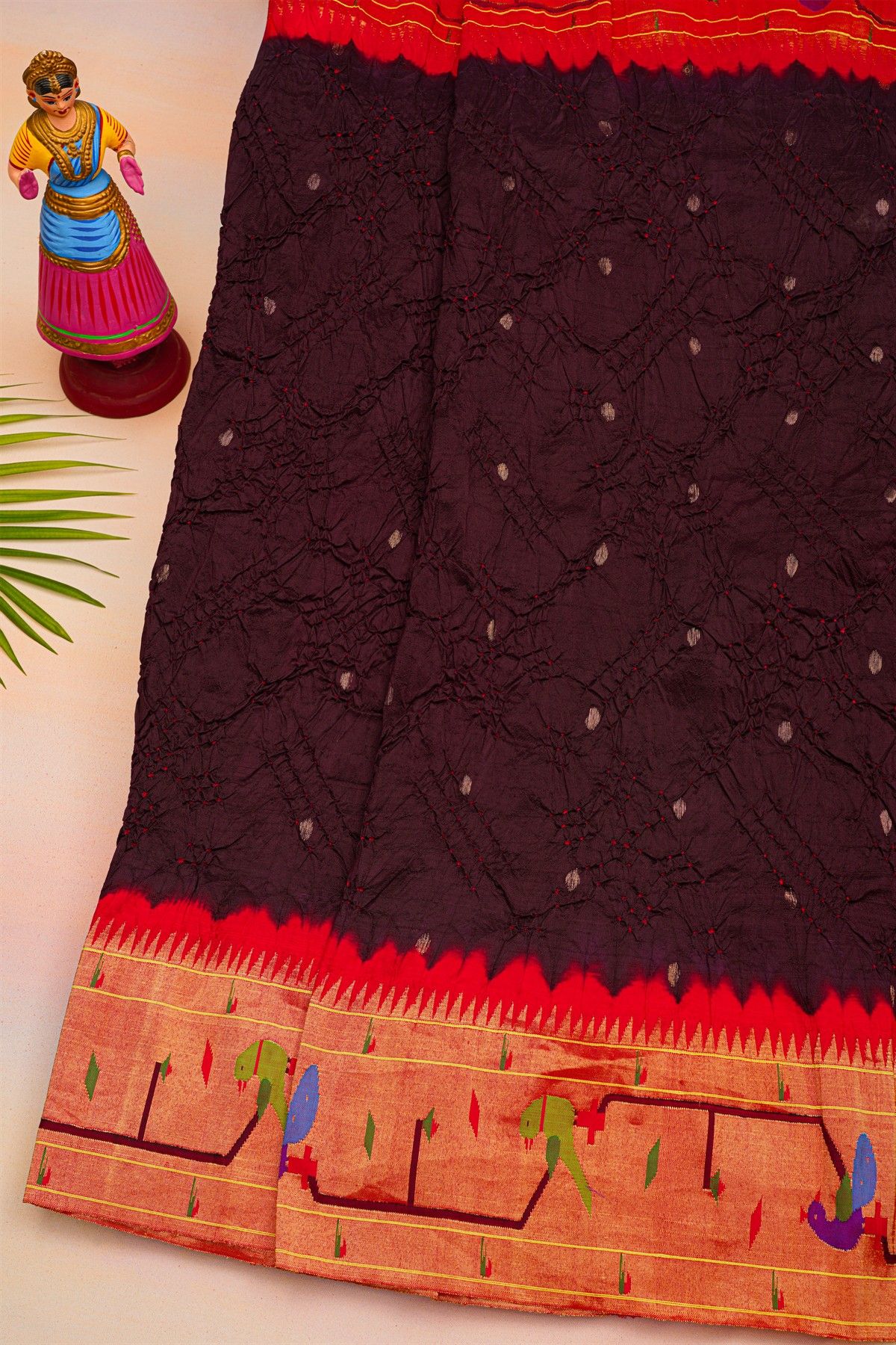 Bandhani Silk Brown Saree With Paithani Border