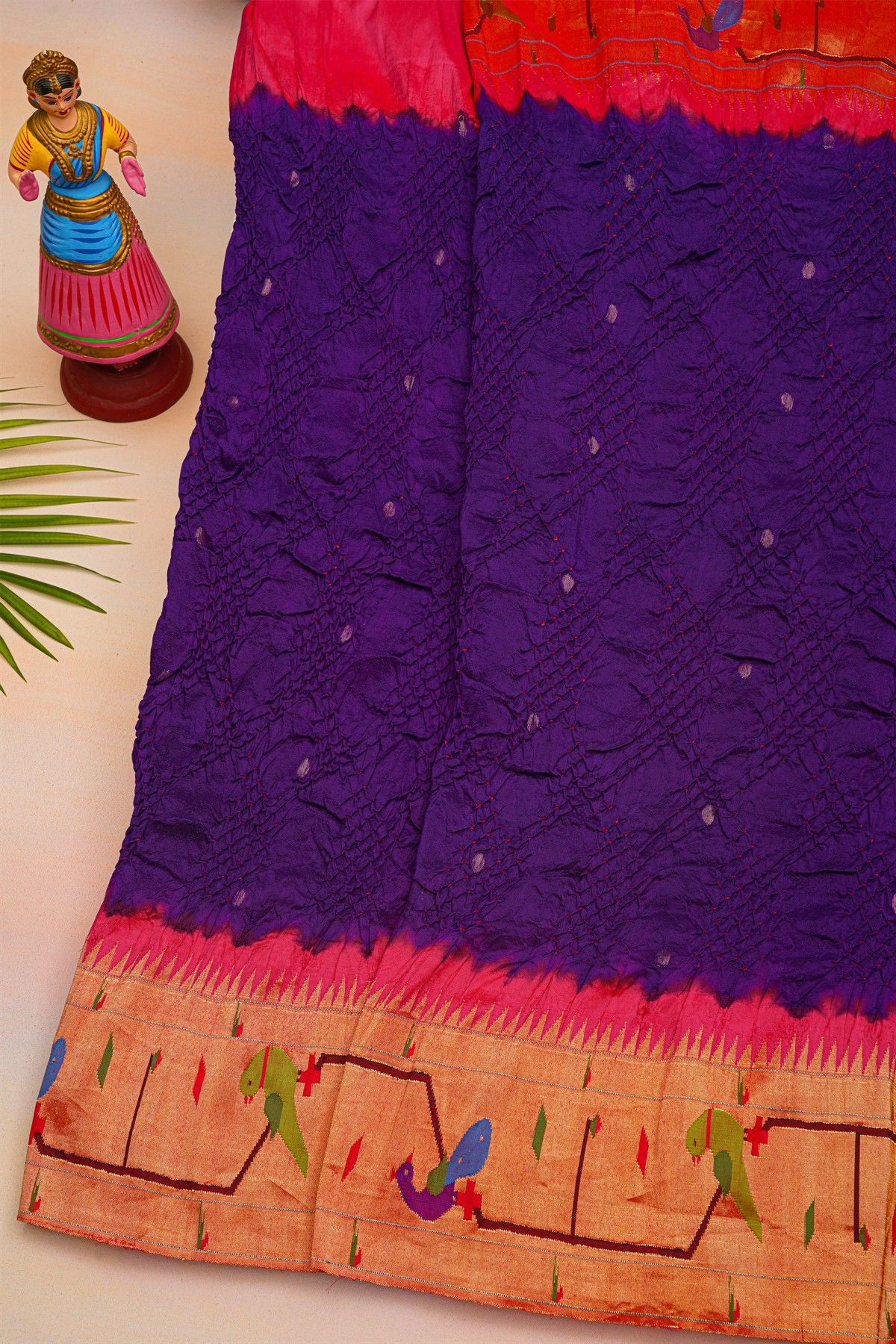 Bandhani Silk Navy Blue Saree With Paithani Border