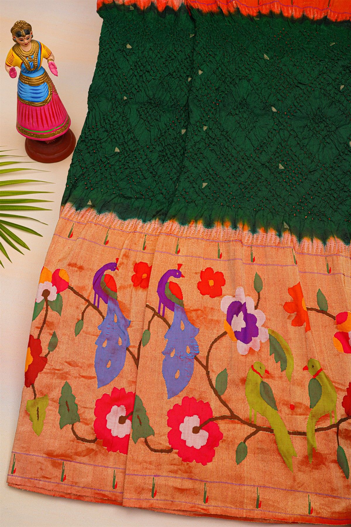 Bandhani Silk Bottle Green Saree With Paithani Border