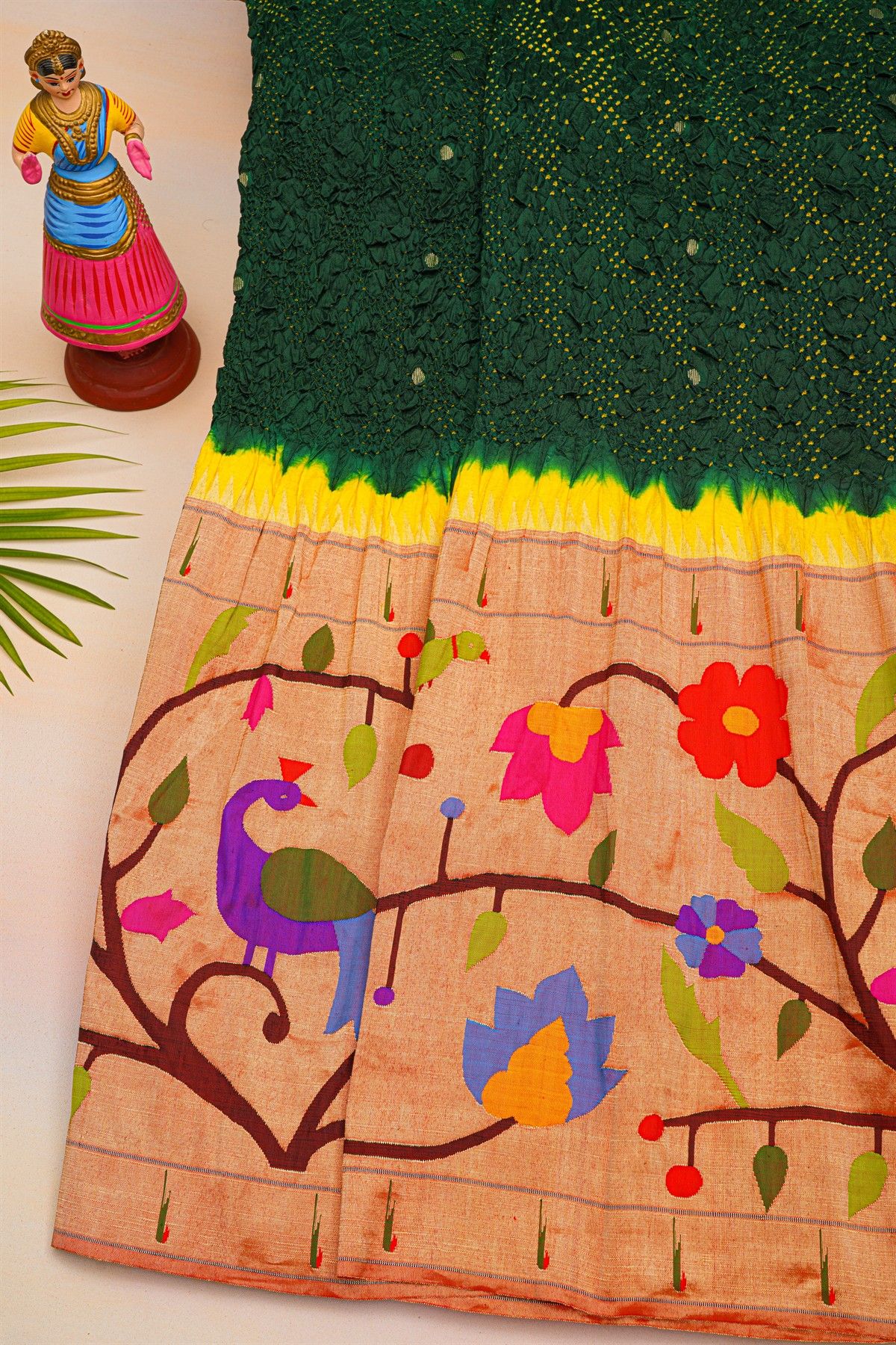 Bandhani Silk Green Saree With Paithani Border