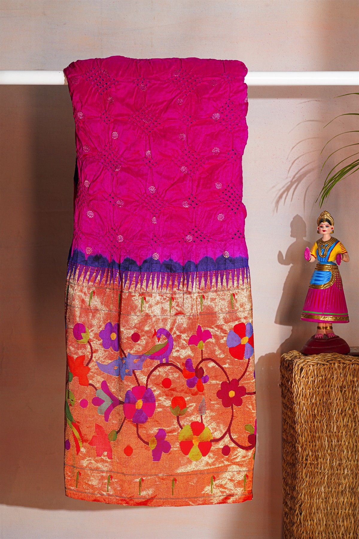 Bandhani Silk Pink Bandhani Print Saree With Paithani Border