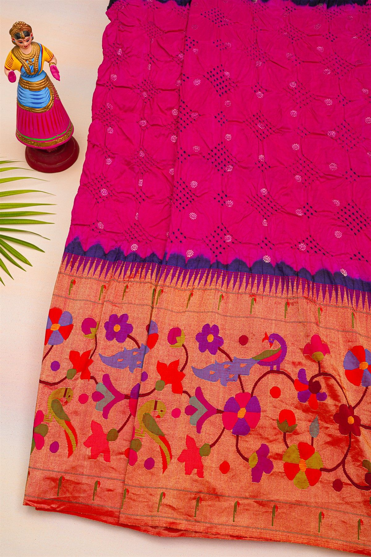 Bandhani Silk Pink Bandhani Print Saree With Paithani Border
