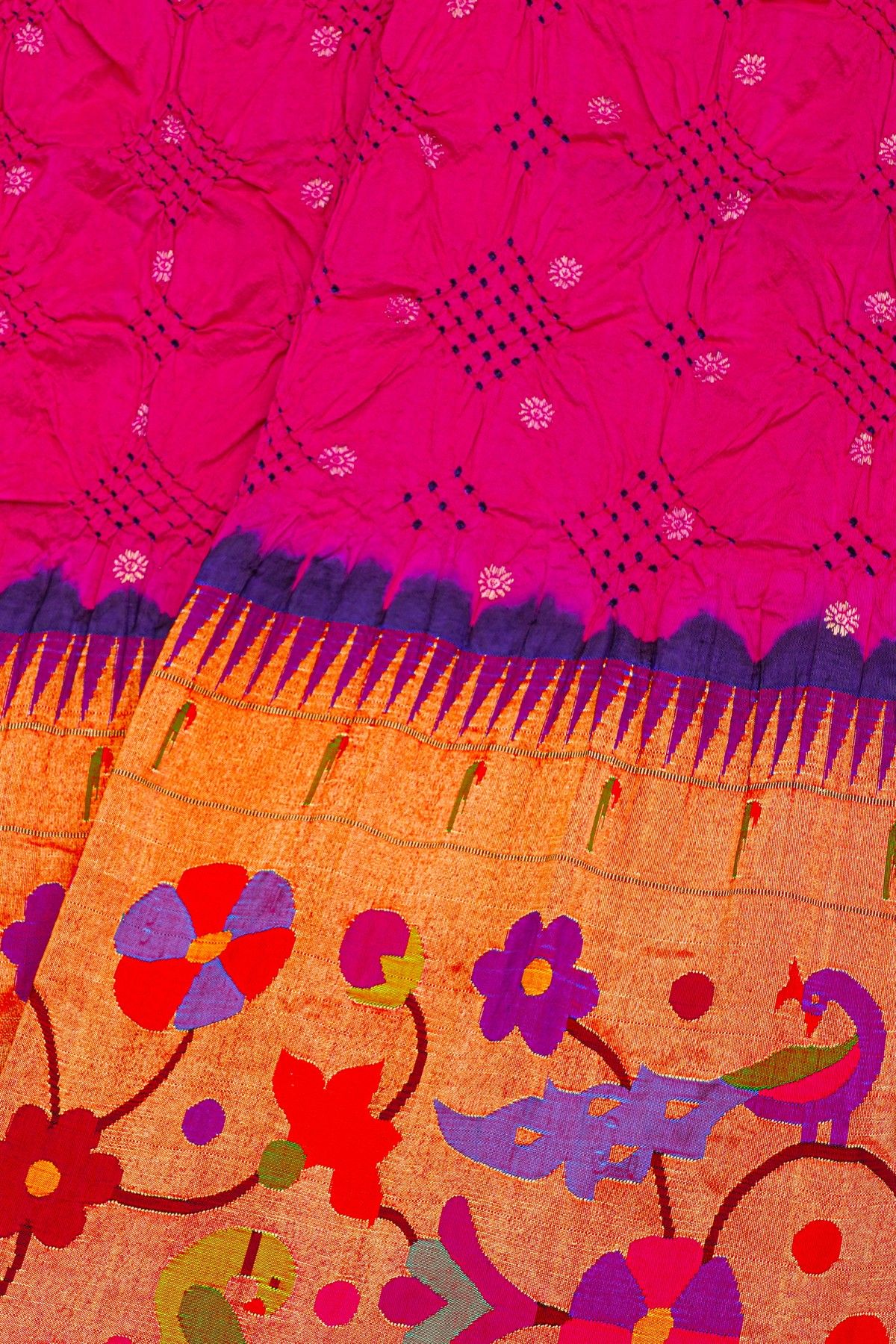 Bandhani Silk Pink Bandhani Print Saree With Paithani Border