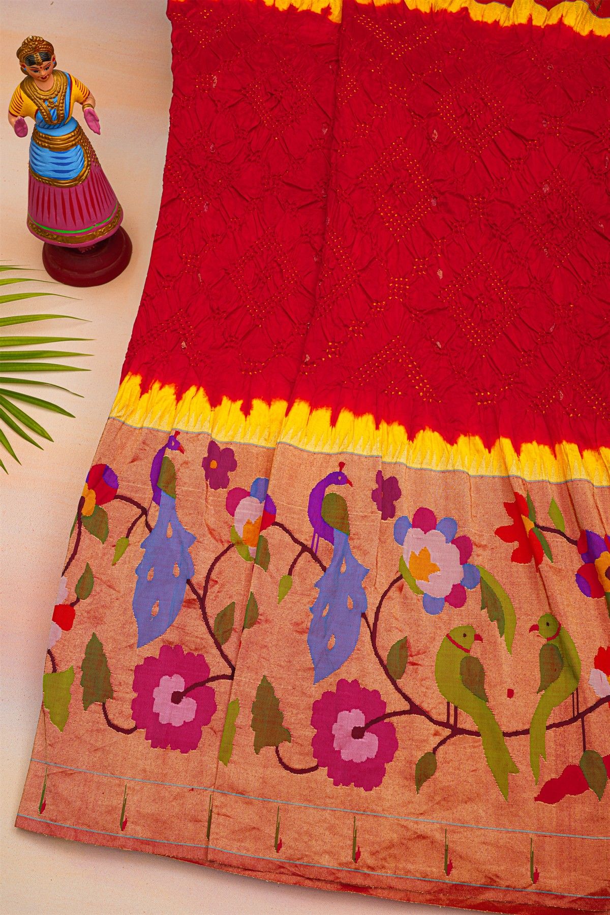 Bandhani Silk Red Saree Florals In Bandhani Print And Paithani Border