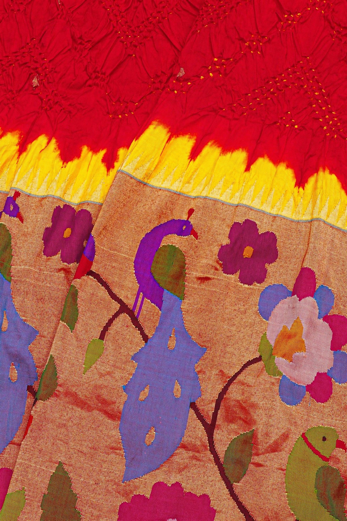 Bandhani Silk Red Saree Florals In Bandhani Print And Paithani Border