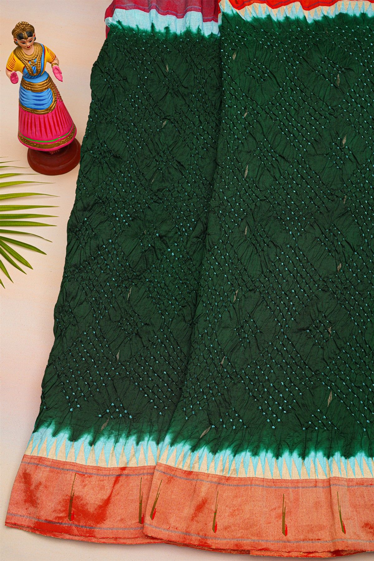 Bandhani Silk Bottle Green Saree With Paithani Border