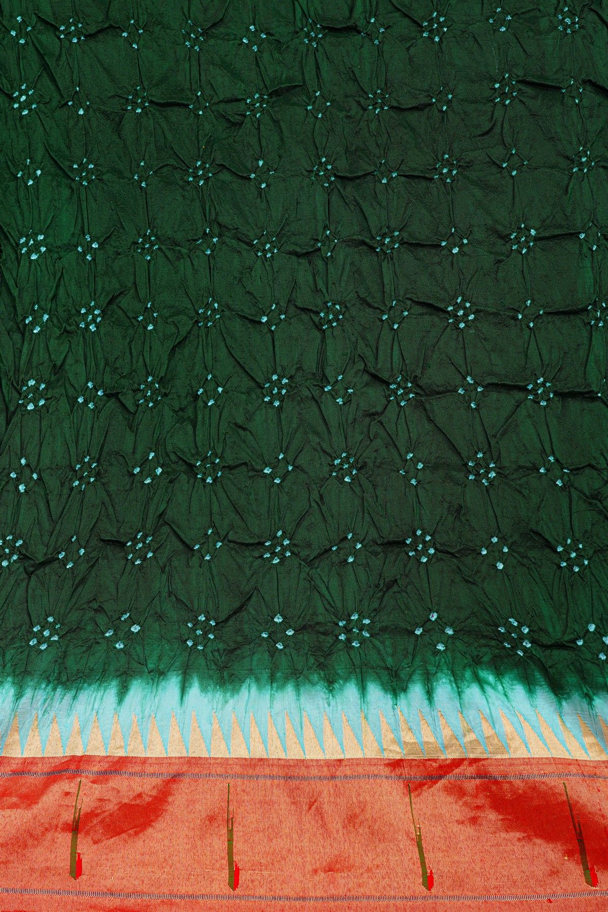 Bandhani Silk Bottle Green Saree With Paithani Border