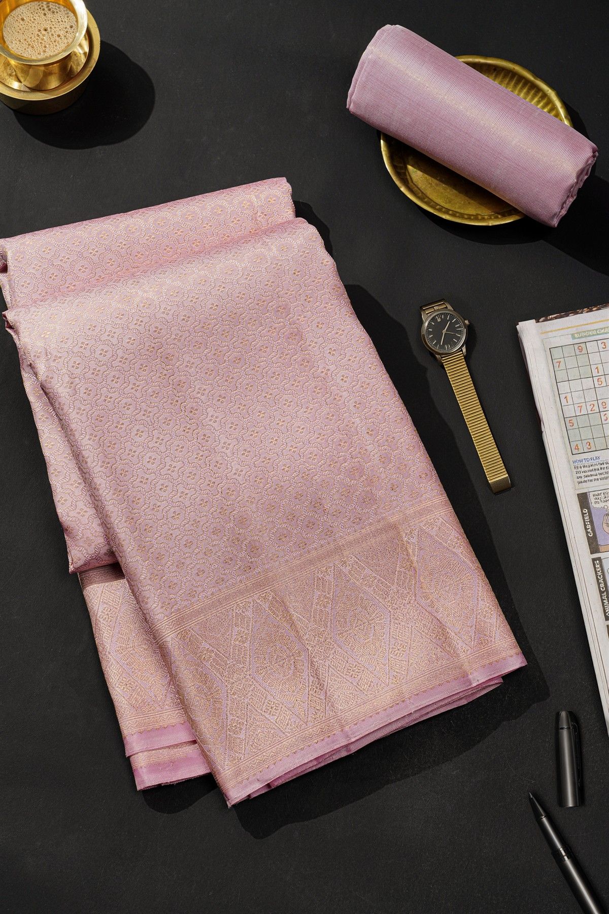 Kancheepuram Silk Lavender Dhoti With Florals In Curvy Shapes
