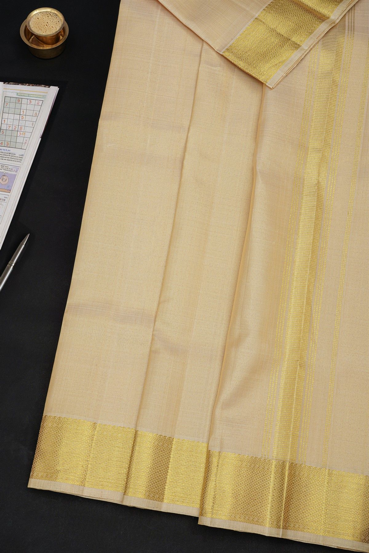 Kancheepuram Silk Cream Dhoti With Cross Lines And Gold Zari Border