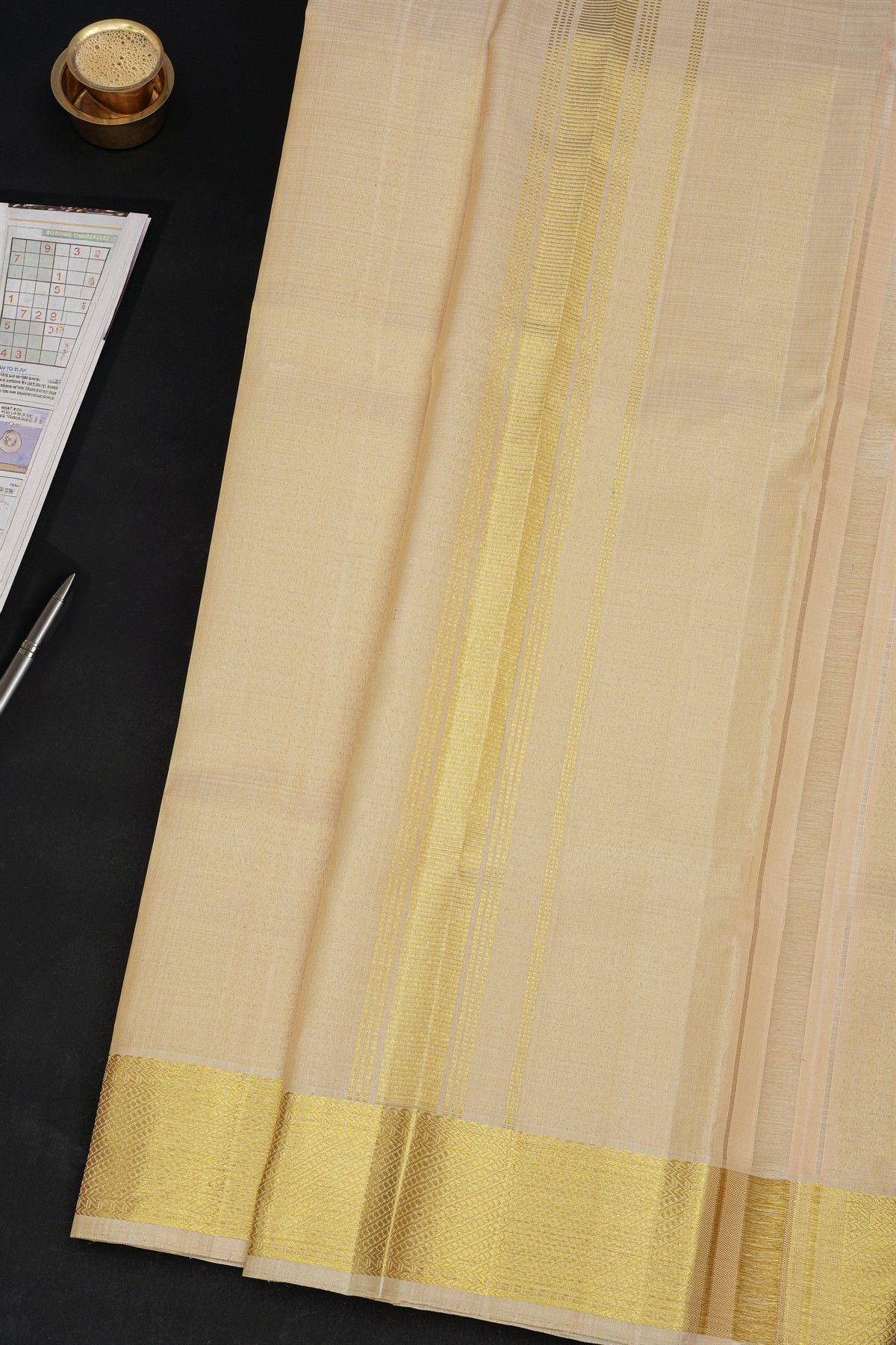 Kancheepuram Silk Cream Dhoti With Cross Lines And Gold Zari Border