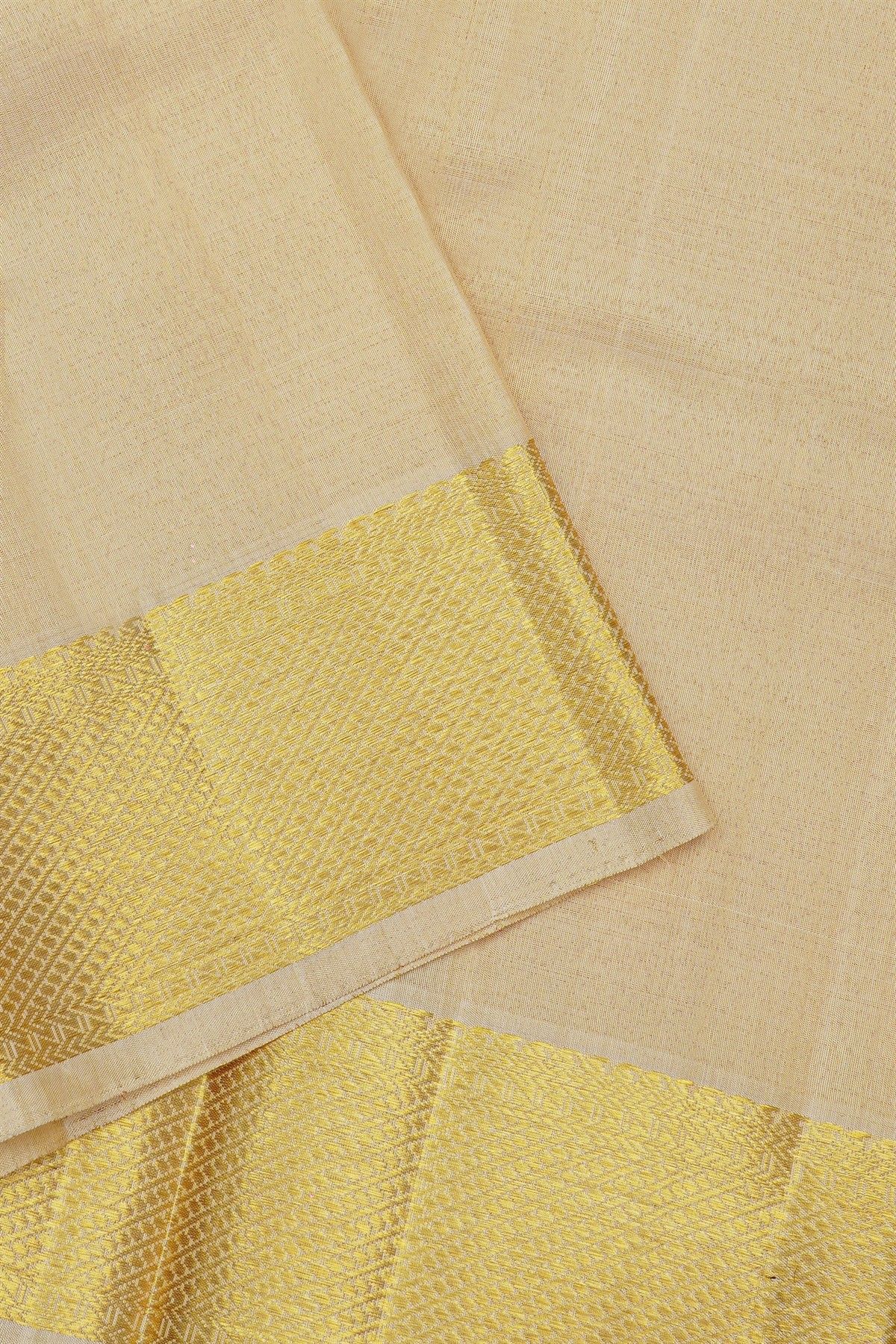 Kancheepuram Silk Cream Dhoti With Cross Lines And Gold Zari Border