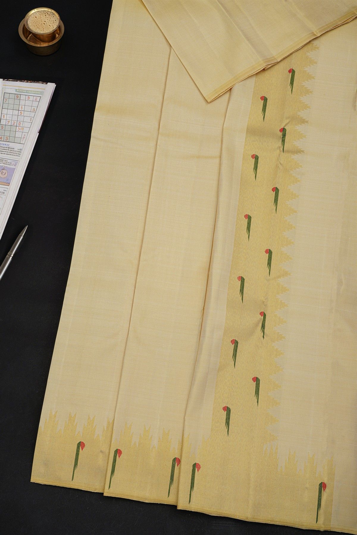 Kancheepuram Silk Cream Dhoti With Muniya Buttis Temple Border