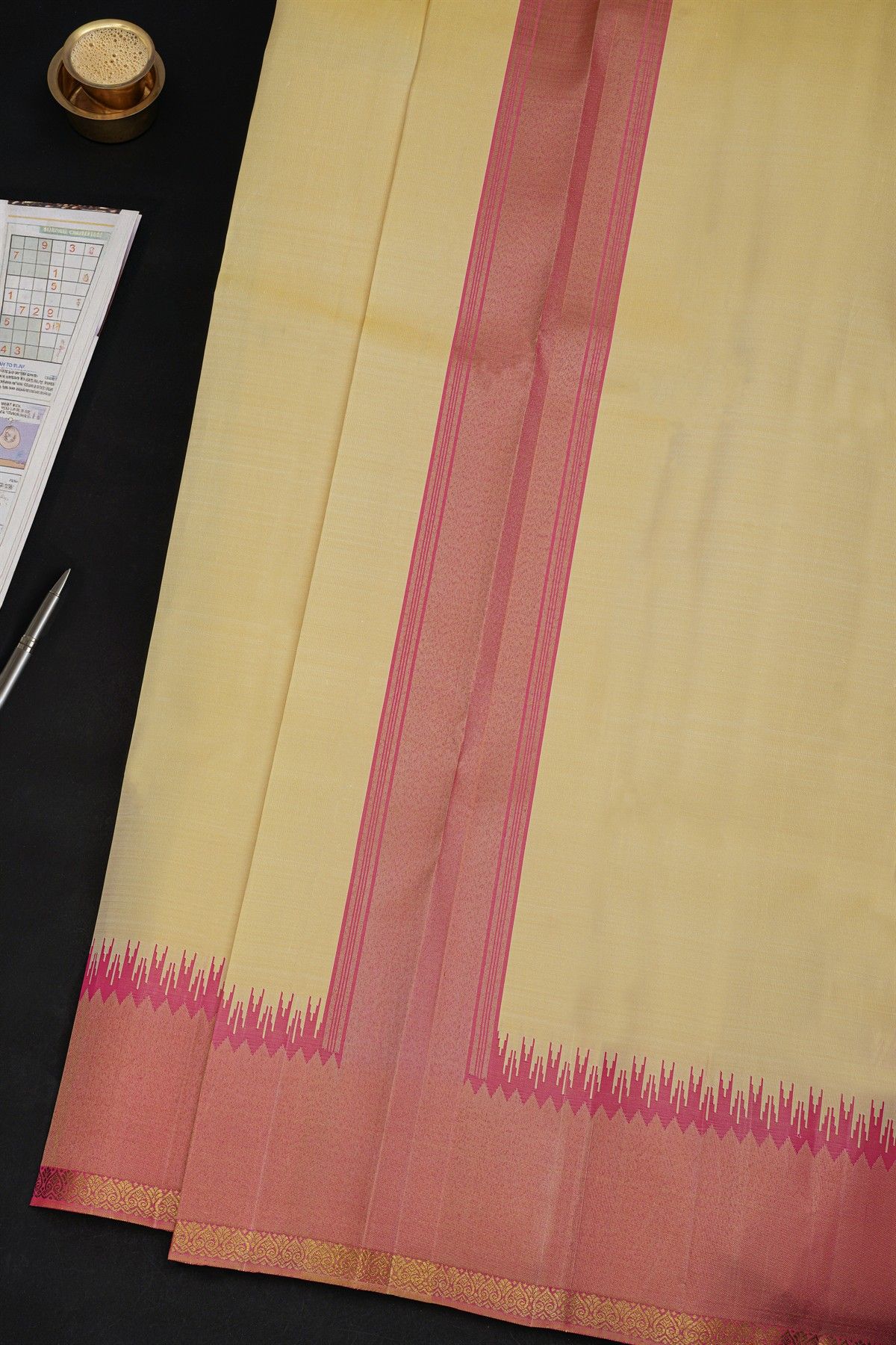 Kancheepuram Silk Cream Dhoti With Contrast Kaddi Border