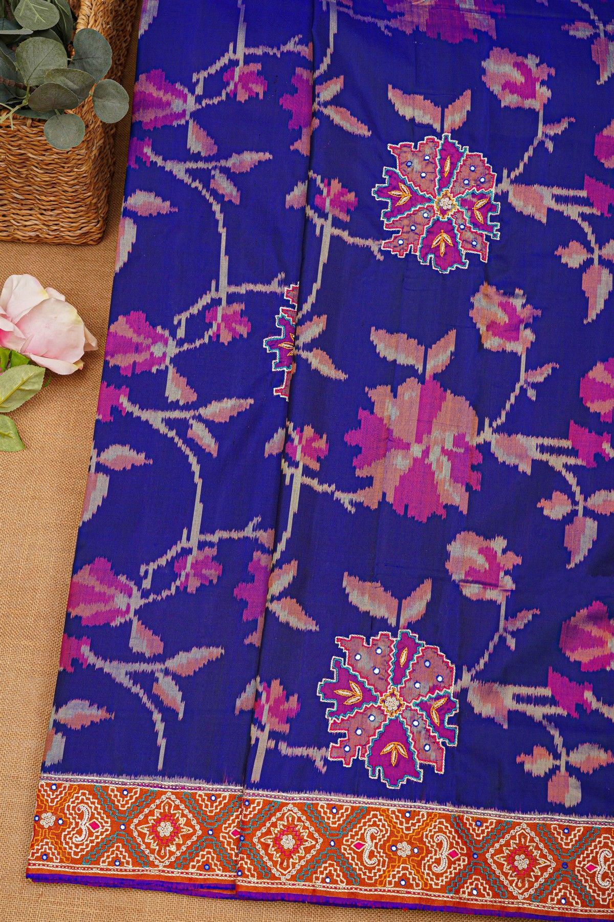 Kancheepuram Fusion Silk Royal Blue Saree With Floral And Mirror Work Body