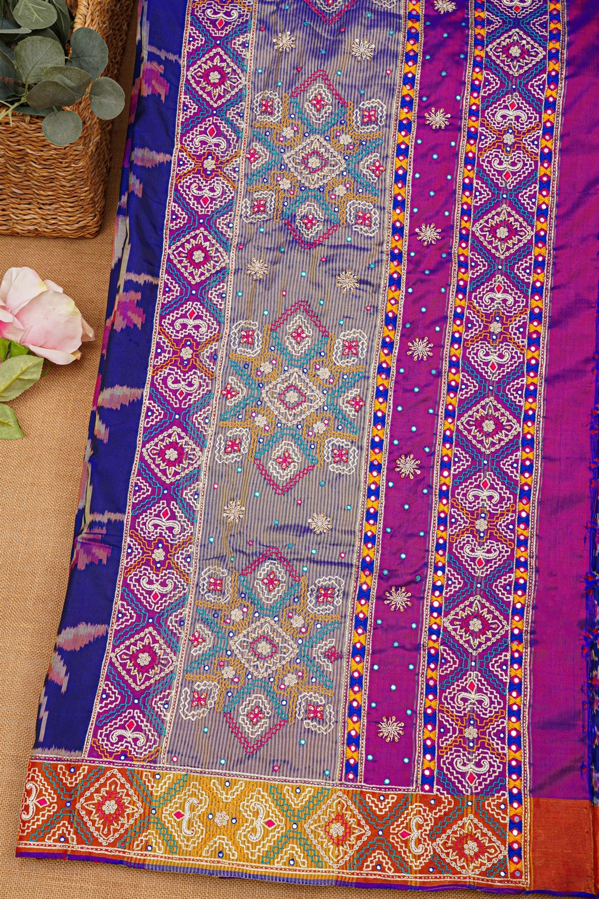 Kancheepuram Fusion Silk Royal Blue Saree With Floral And Mirror Work Body