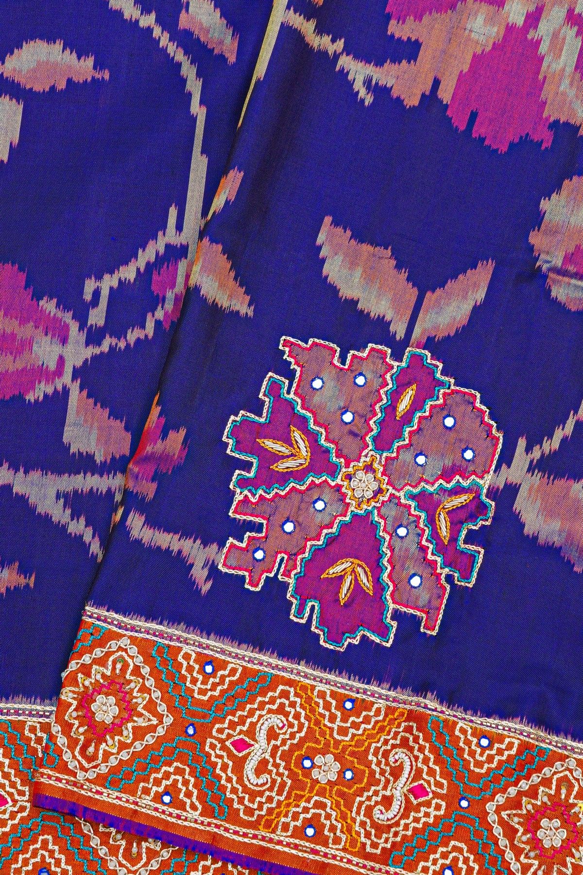 Kancheepuram Fusion Silk Royal Blue Saree With Floral And Mirror Work Body