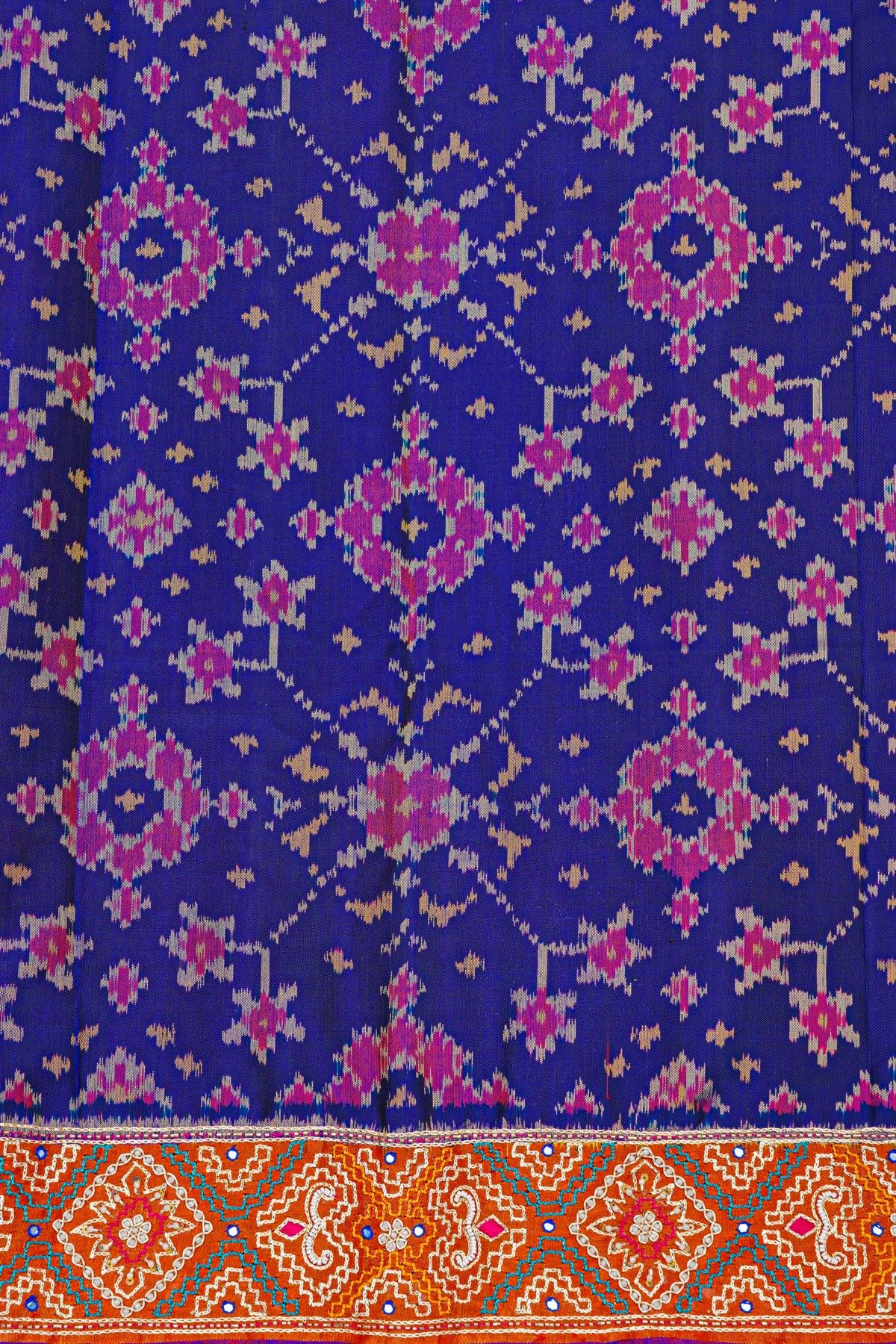 Kancheepuram Fusion Silk Royal Blue Saree With Floral And Mirror Work Body
