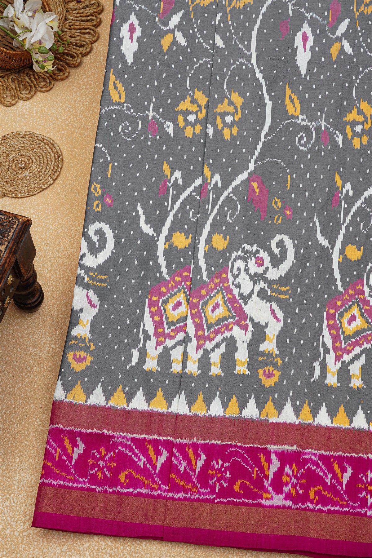 Ikat Silk Grey Saree