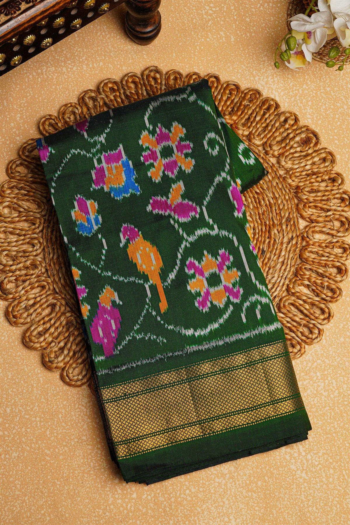 Ikat Silk Bottle Green Saree