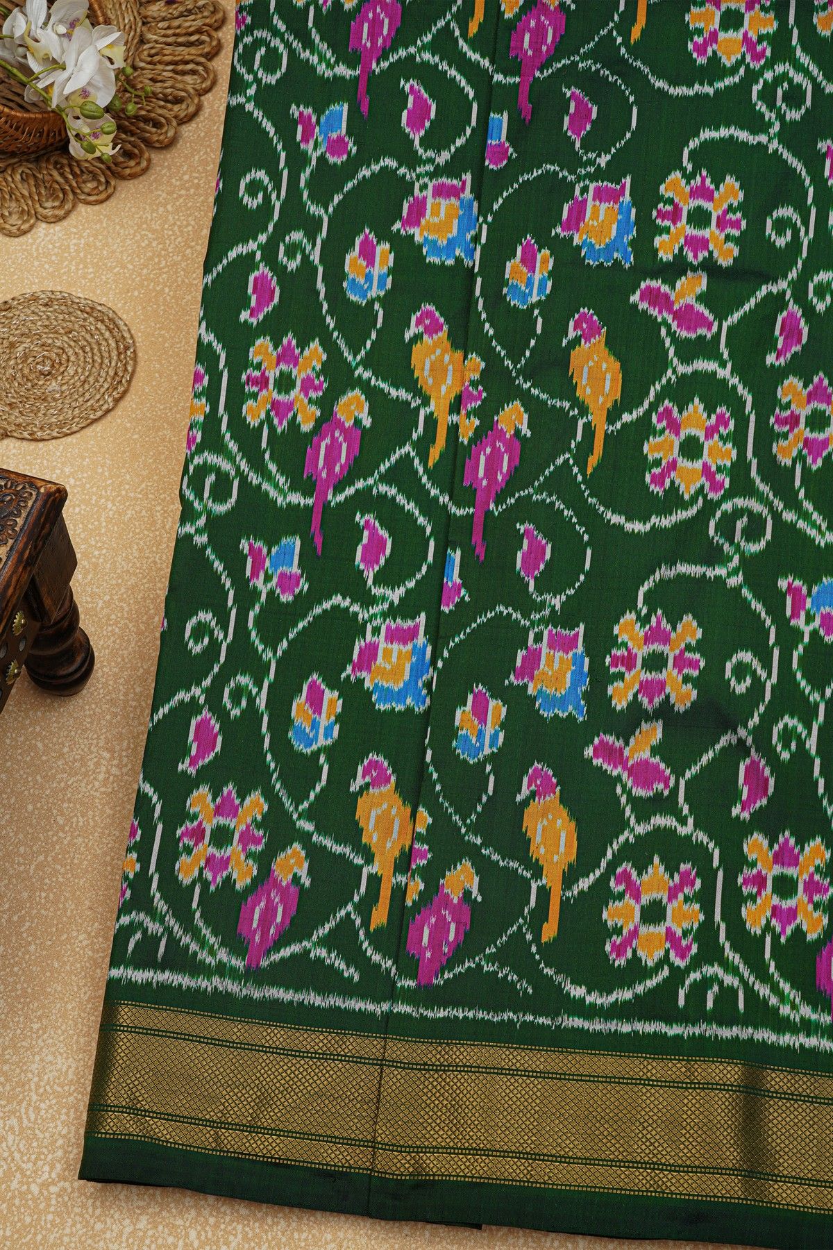 Ikat Silk Bottle Green Saree