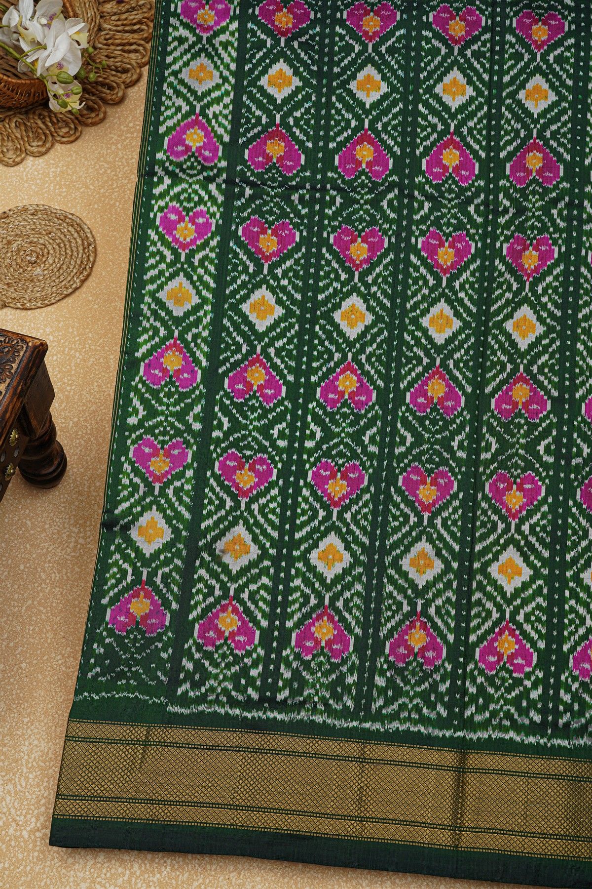 Ikat Silk Bottle Green Saree