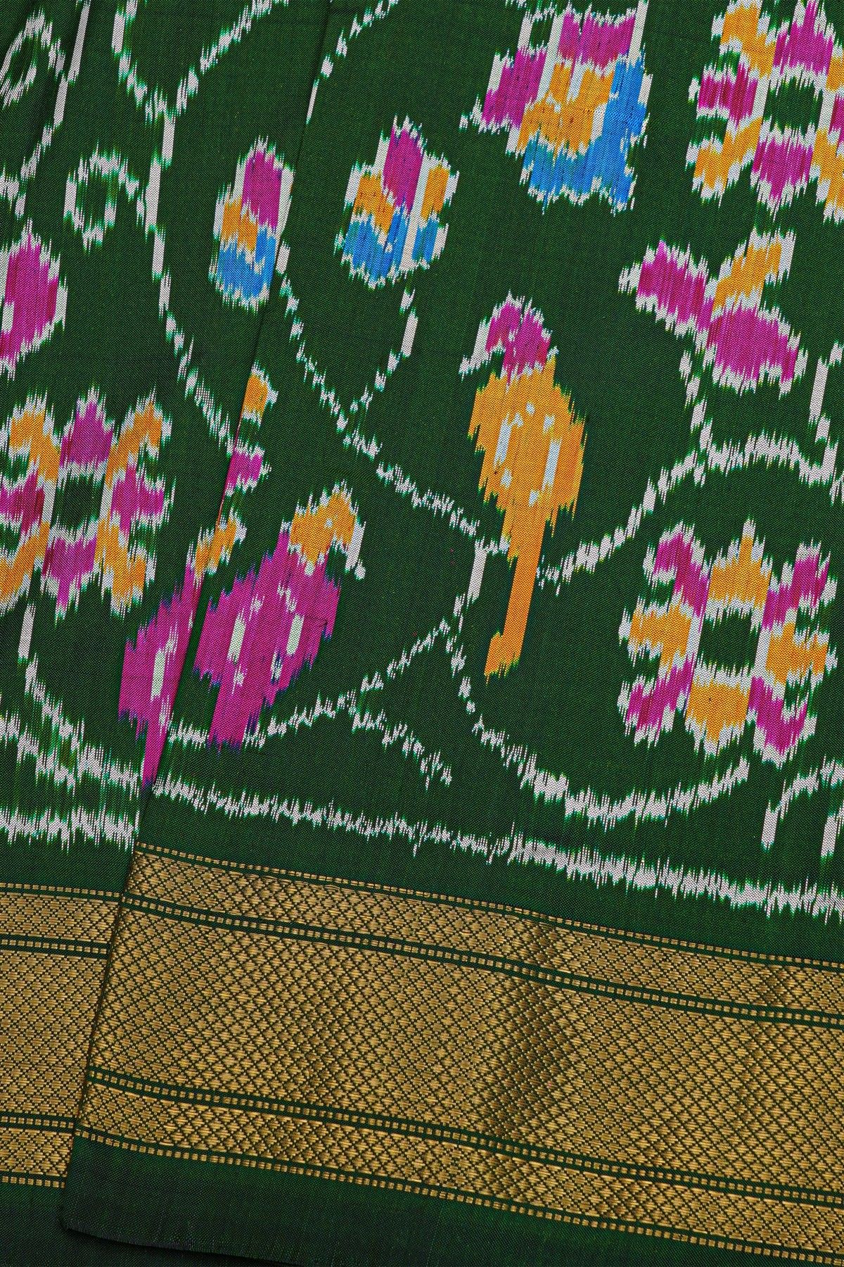 Ikat Silk Bottle Green Saree