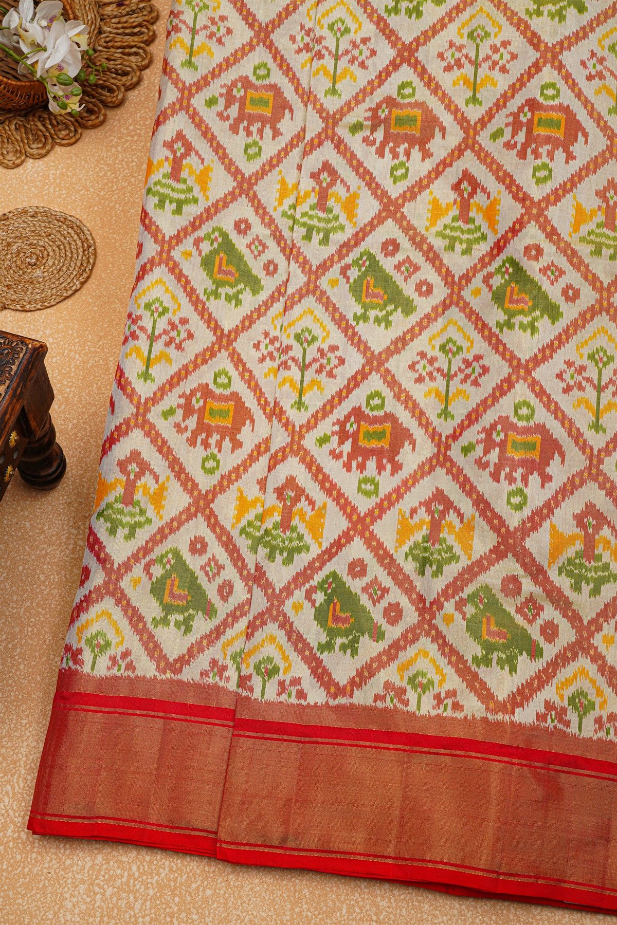 Ikat Silk Off White Saree