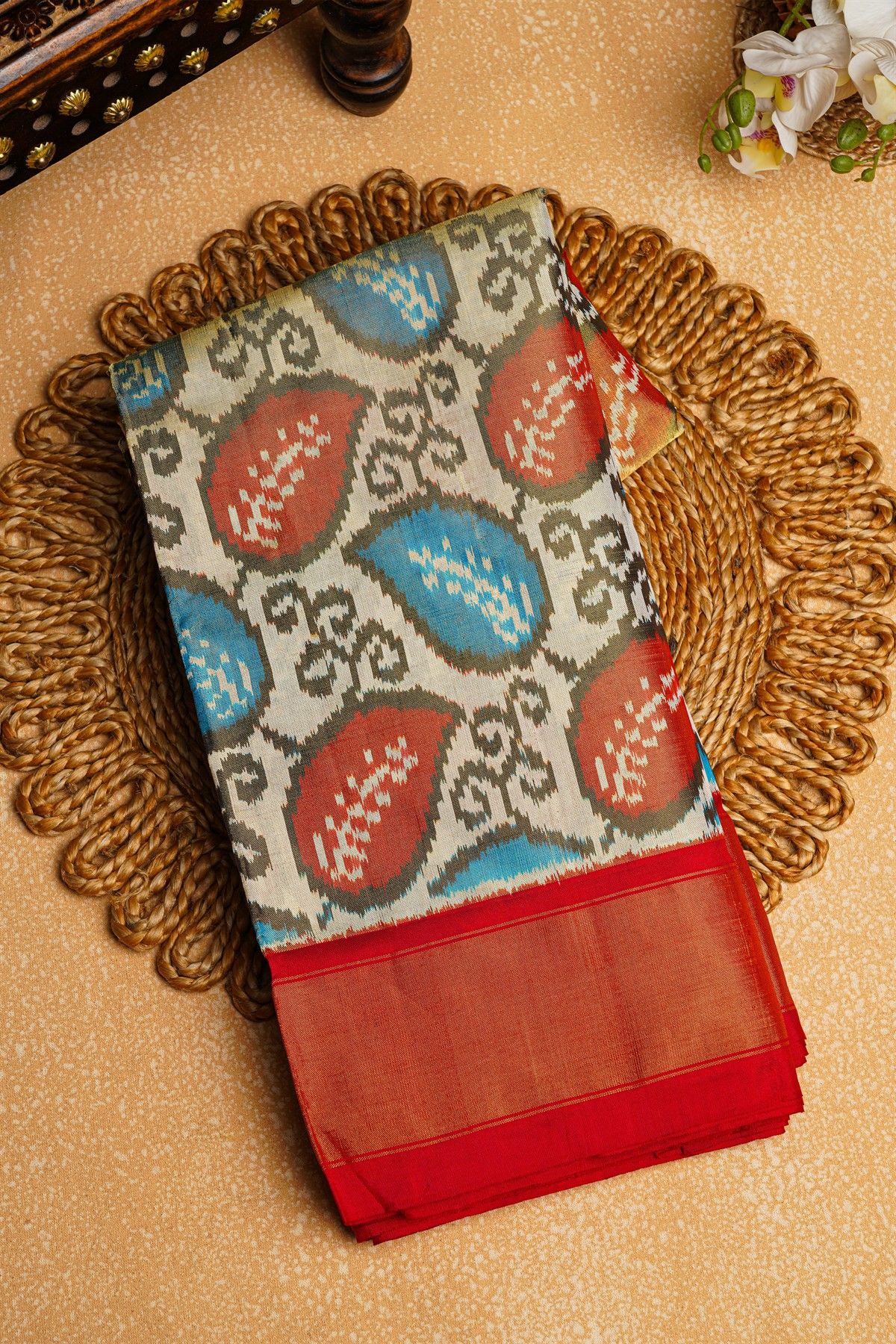 Ikat Silk Off White Saree
