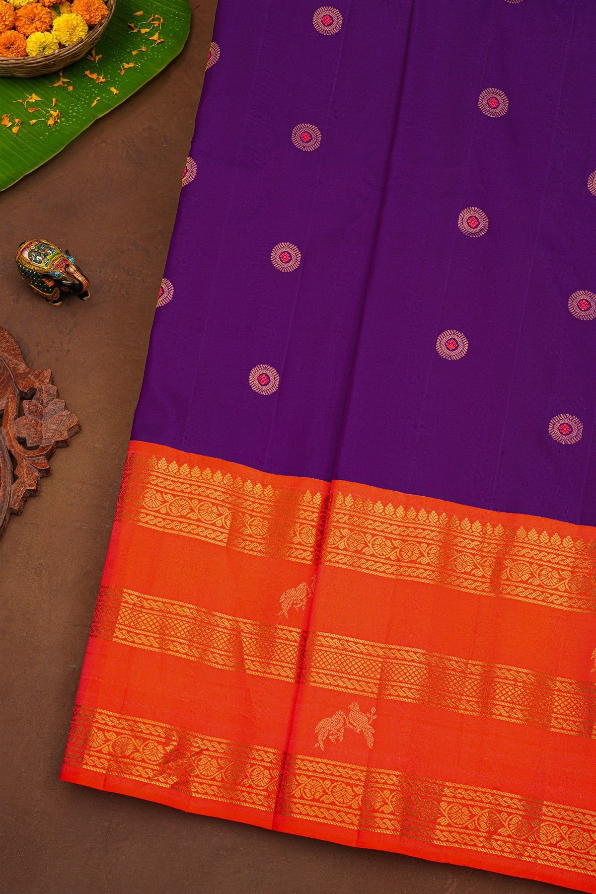 Gadwal Silk Violet Saree With Buttis Body And Birds And Florals Contrast Border